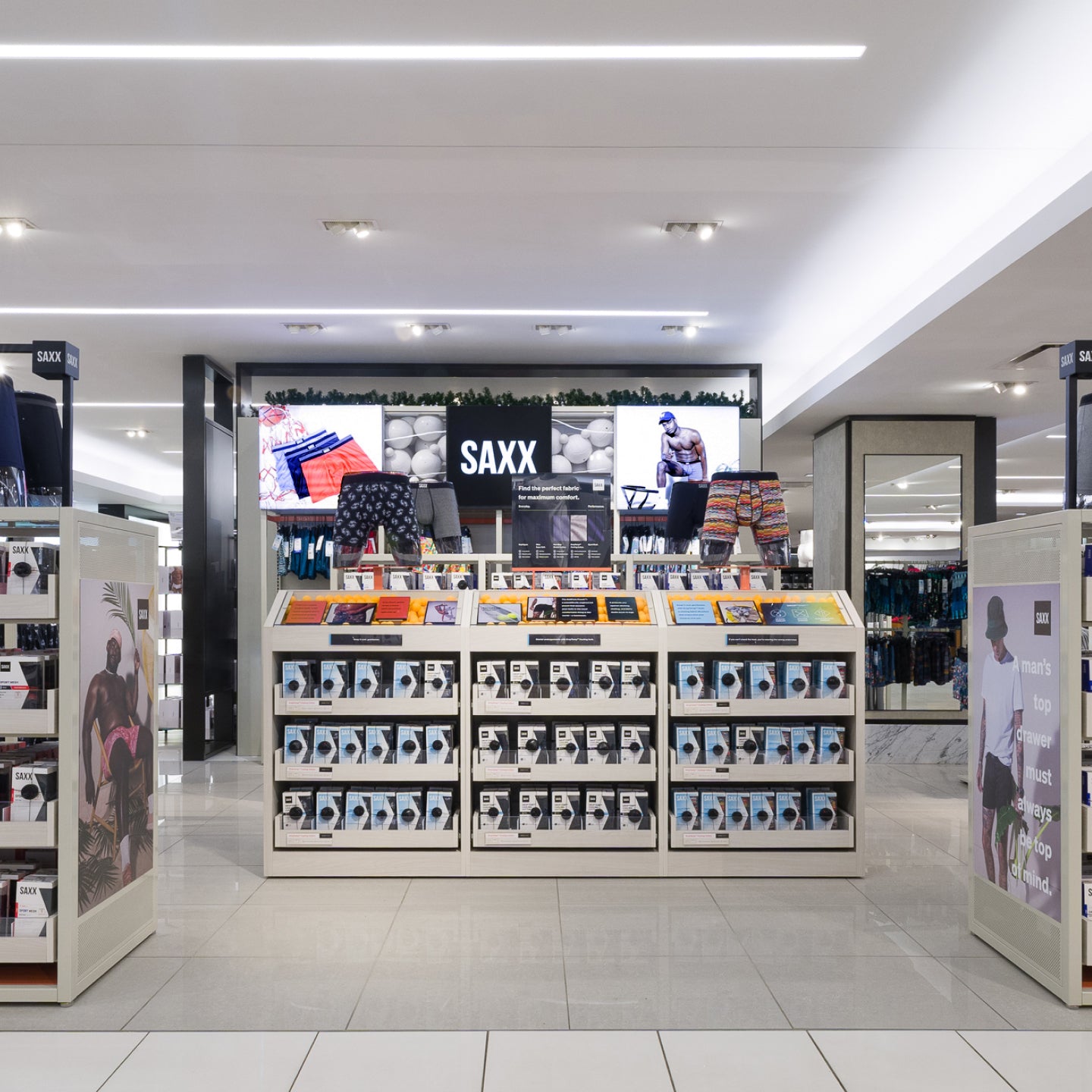 A display of SAXX products inside a department store