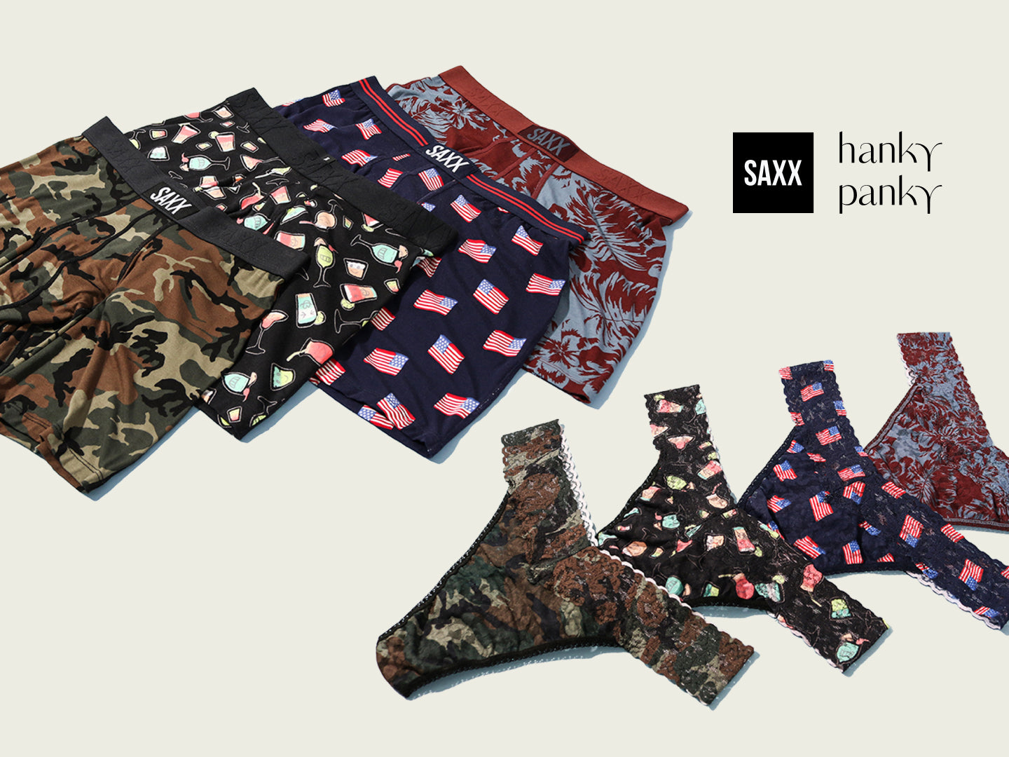 Four pairs of SAXX Boxer Briefs and 4 pairs of Hanky Panky Signature Lace Thongs in a variety of matching patterns laid out over a neutral surface.