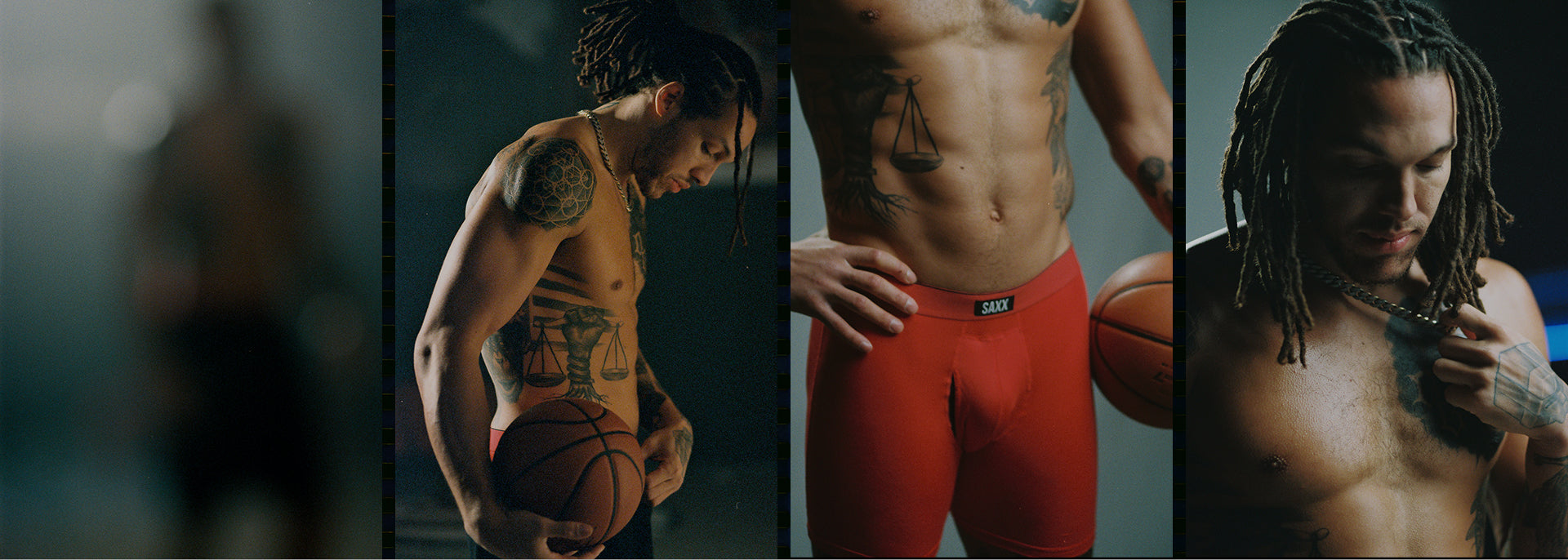 Various shorts in and out of focus of Pro Basketball Player Aaron Gordon, wearing SAXX Multi-Sport Mesh Boxer Briefs.