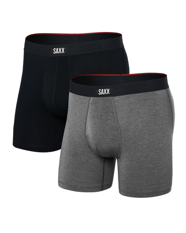 Front of Vibe Xtra Boxer Brief Fly 2 Pack in Black/Dark Grey Heather