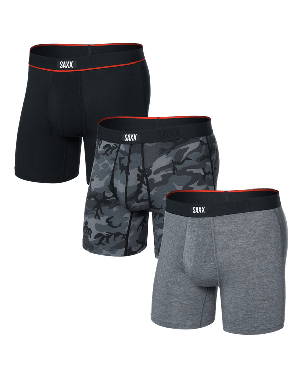 Front of Vibe Xtra Boxer Brief Fly 3 Pack in Wood Camo/Grey Heather/Black