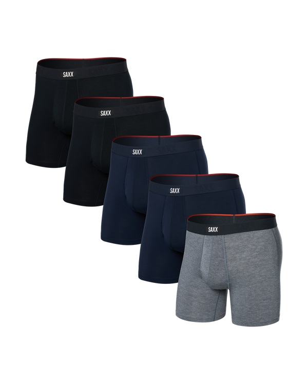 Front of Vibe Xtra Boxer Brief Fly 5 Pack in Black/Dark Grey Heather/Navy