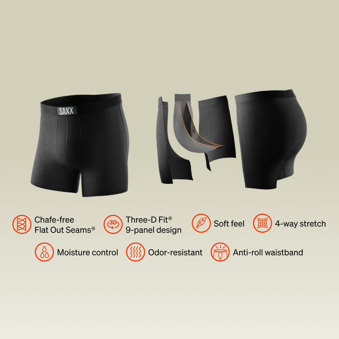 An image of a pair of black boxer briefs on the left. To the right the boxer briefs are opened out to show their construction.