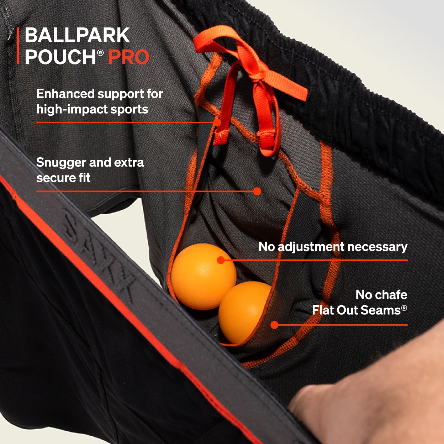 Closeup on interior of SAXX Boxer Briefs with two ping pong balls in pouch. Text reads BallPark Pouch® PRO, lists benefits.