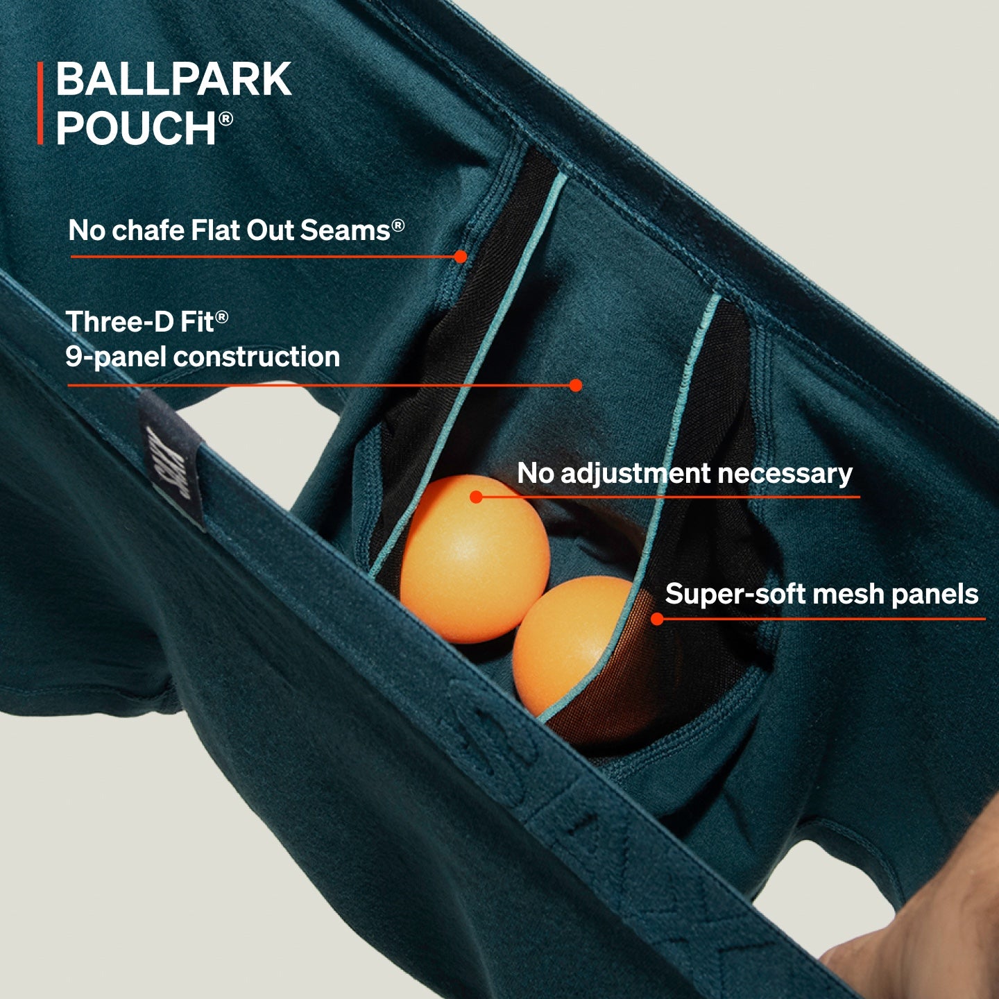 Closeup on interior of SAXX Boxer Briefs with two ping pong balls in the pouch. Text reads BallPark Pouch® and lists benefits.
