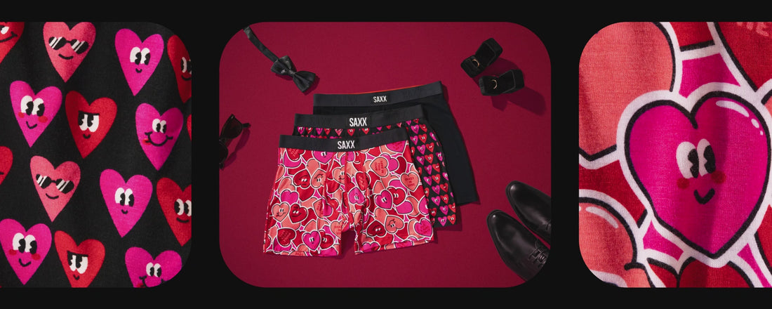 Video scrolling left to right showing Valentine’s Day themed SAXX Boxer Briefs, closeup on prints.