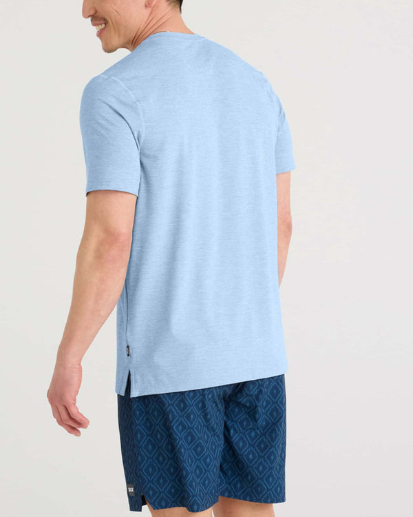 Back - Model wearing Droptemp All Day Cooling Short Sleeve Tee in Bel Air Blue Heather