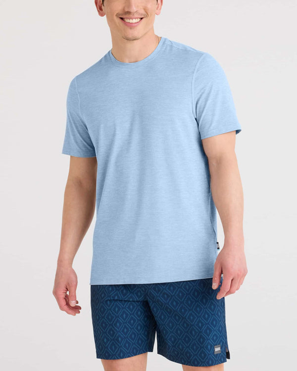 Front - Model wearing Droptemp All Day Cooling Short Sleeve Tee in Bel Air Blue Heather