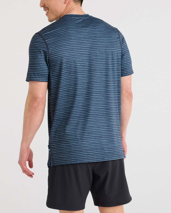 Back - Model wearing Droptemp All Day Cooling Short Sleeve Tee in Navy Marker Stripe