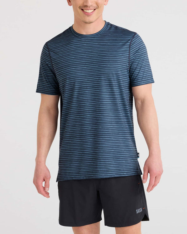 Front - Model wearing Droptemp All Day Cooling Short Sleeve Tee in Navy Marker Stripe