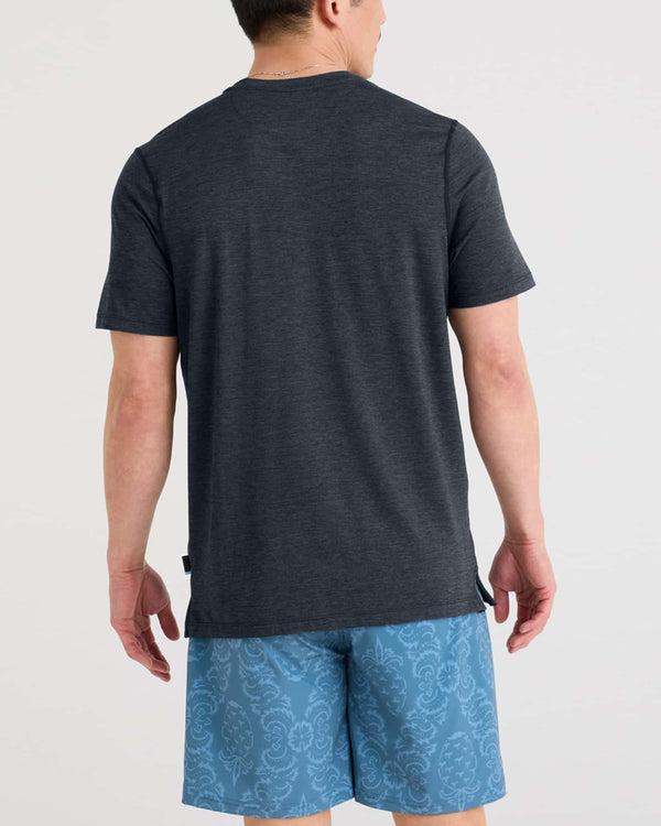 Back - Model wearing Droptemp All Day Cooling Short Sleeve Tee in Turbulence Heather