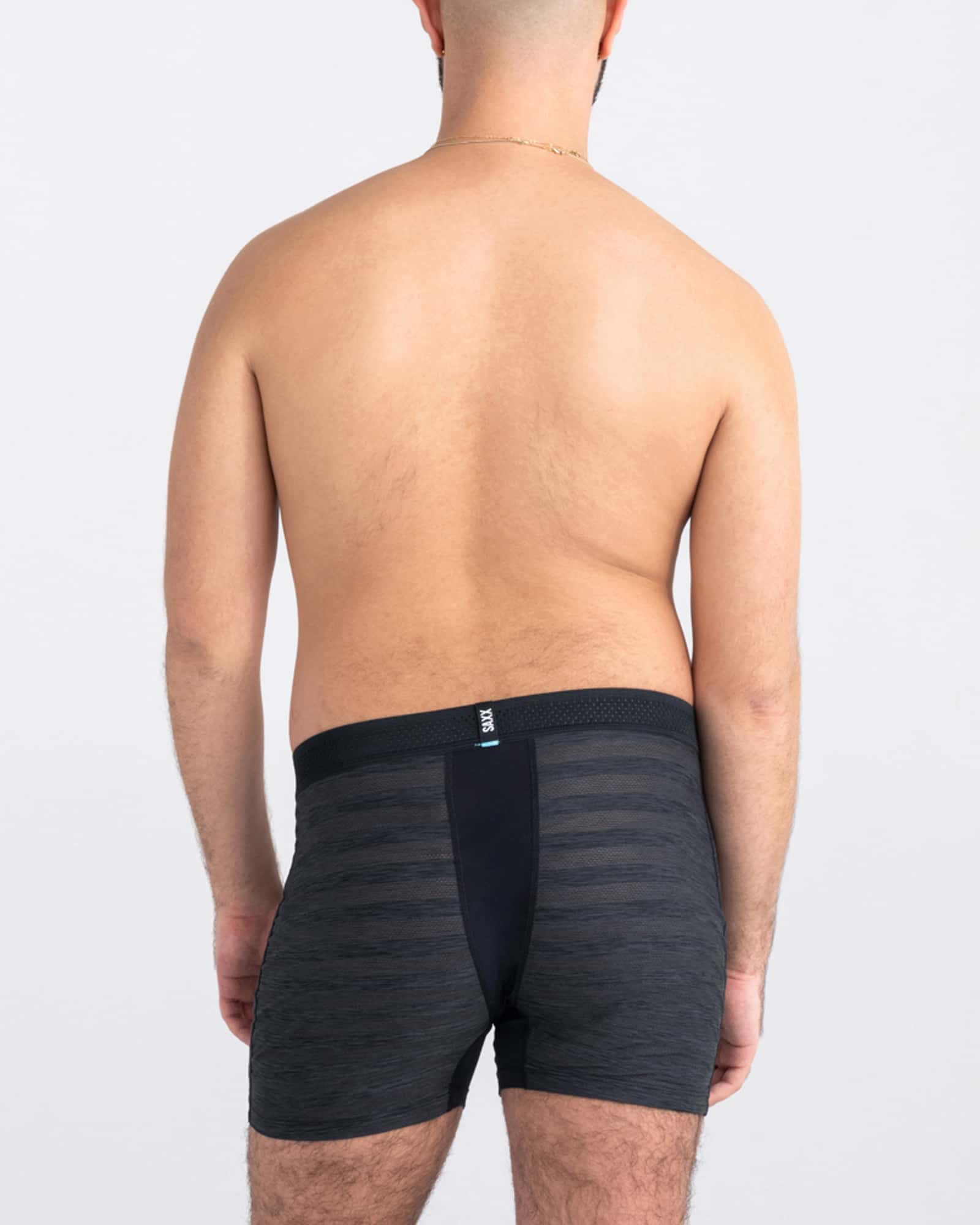 Back - Model wearing Droptemp Cooling Mesh Boxer Brief Fly 3Pk in Black/Dark Denim/Grey