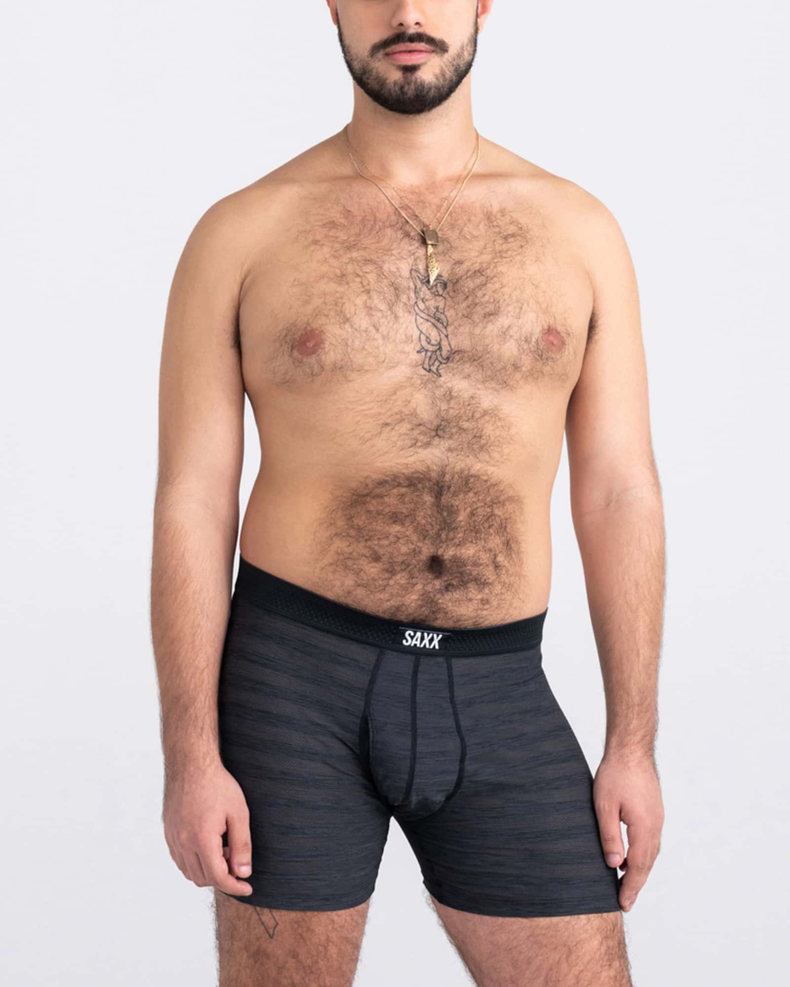 Front - Model wearing Droptemp Cooling Mesh Boxer Brief Fly 3Pk in Black/Dark Denim/Grey