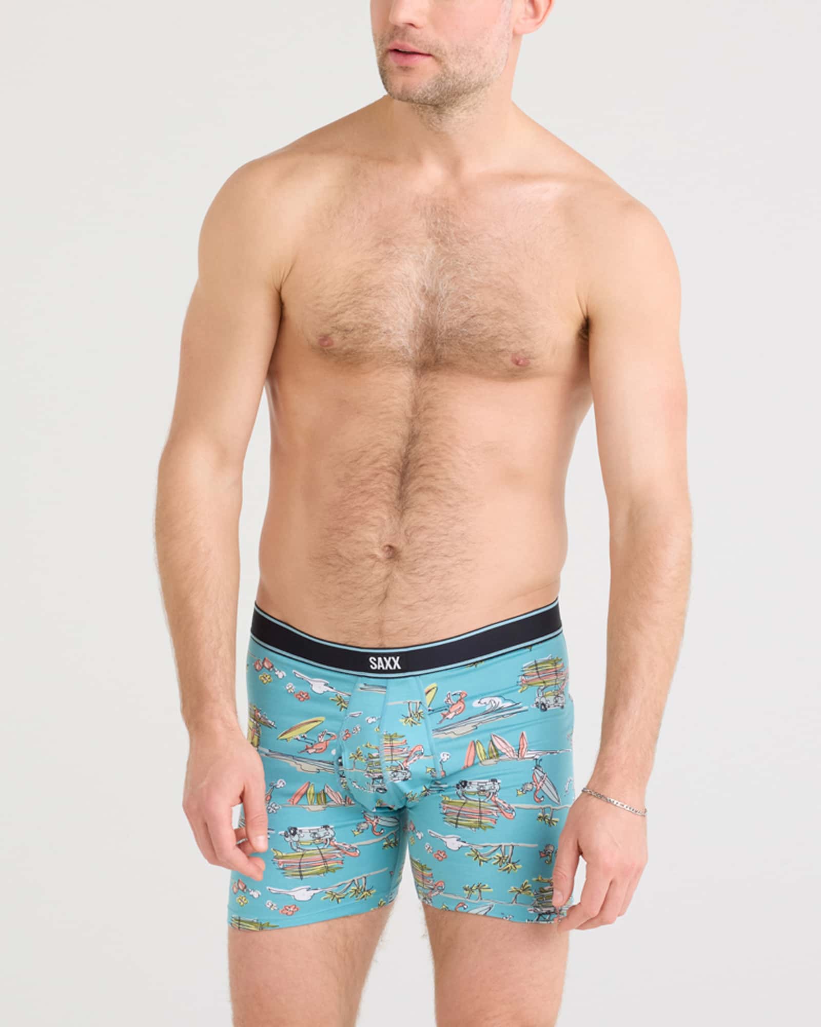 Front - Model wearing Daytripper Boxer Brief Fly in Beach Or Bust-Reef Blue