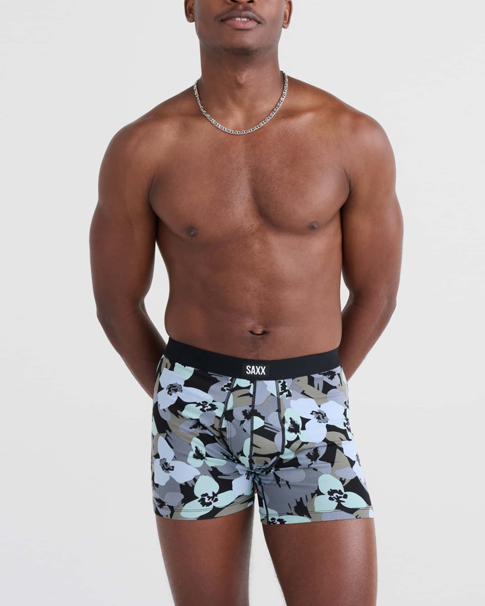 Front - Model wearing Daytripper Boxer Brief Fly in Camo Flowers- Blue Fog