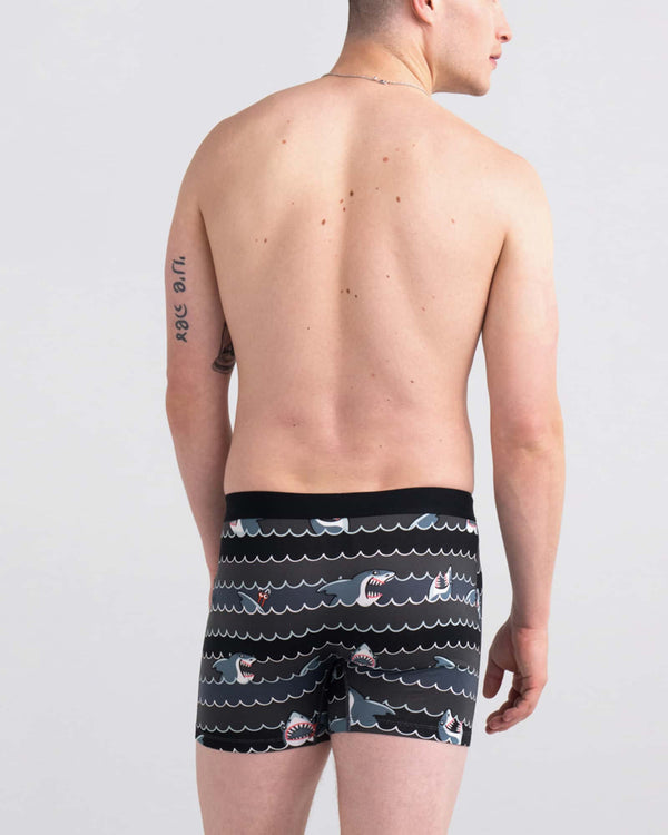 Back - Model wearing Daytripper Boxer Brief Fly in Get Sharky-Grey