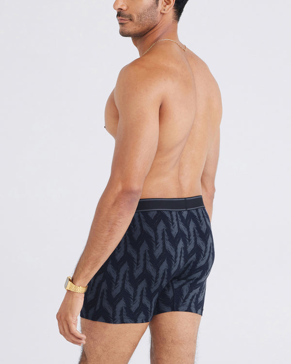 Back - Model wearing Daytripper Boxer Brief Fly in Ikat Chevron-Deep Navy