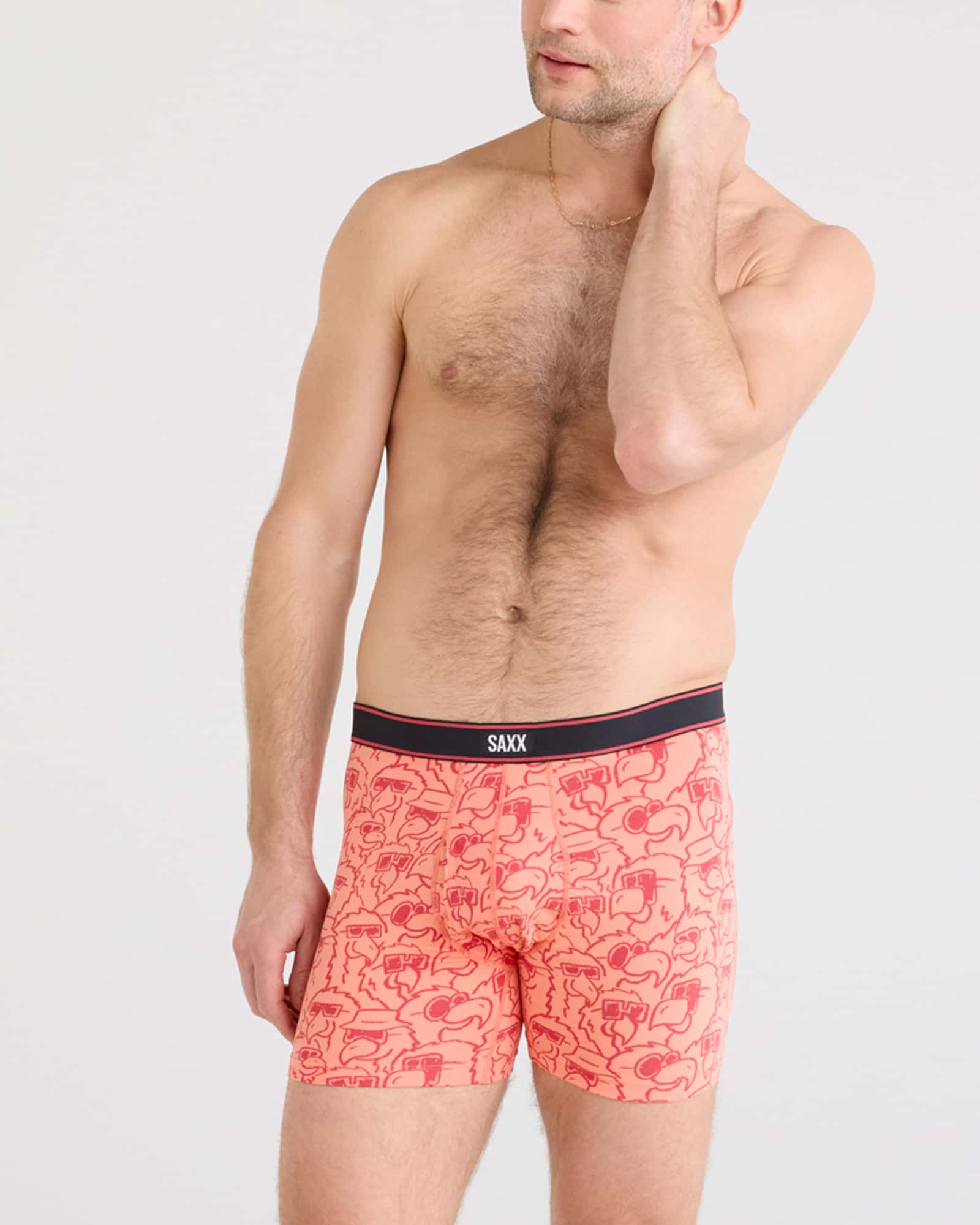 Front - Model wearing Daytripper Boxer Brief Fly in Parrot Party-Fusion Coral