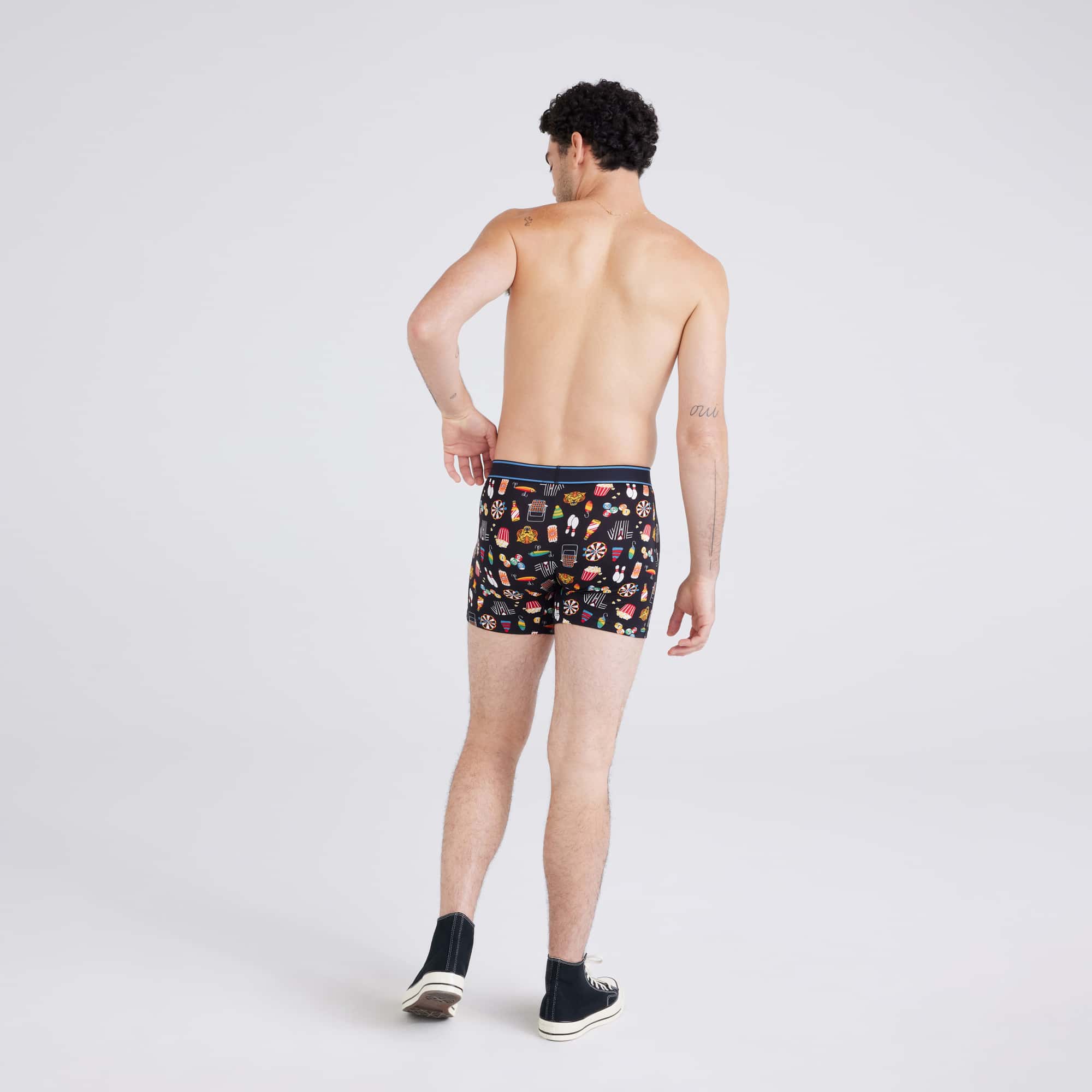 Back - Model wearing Daytripper Boxer Brief in Types Of Stripes-Black