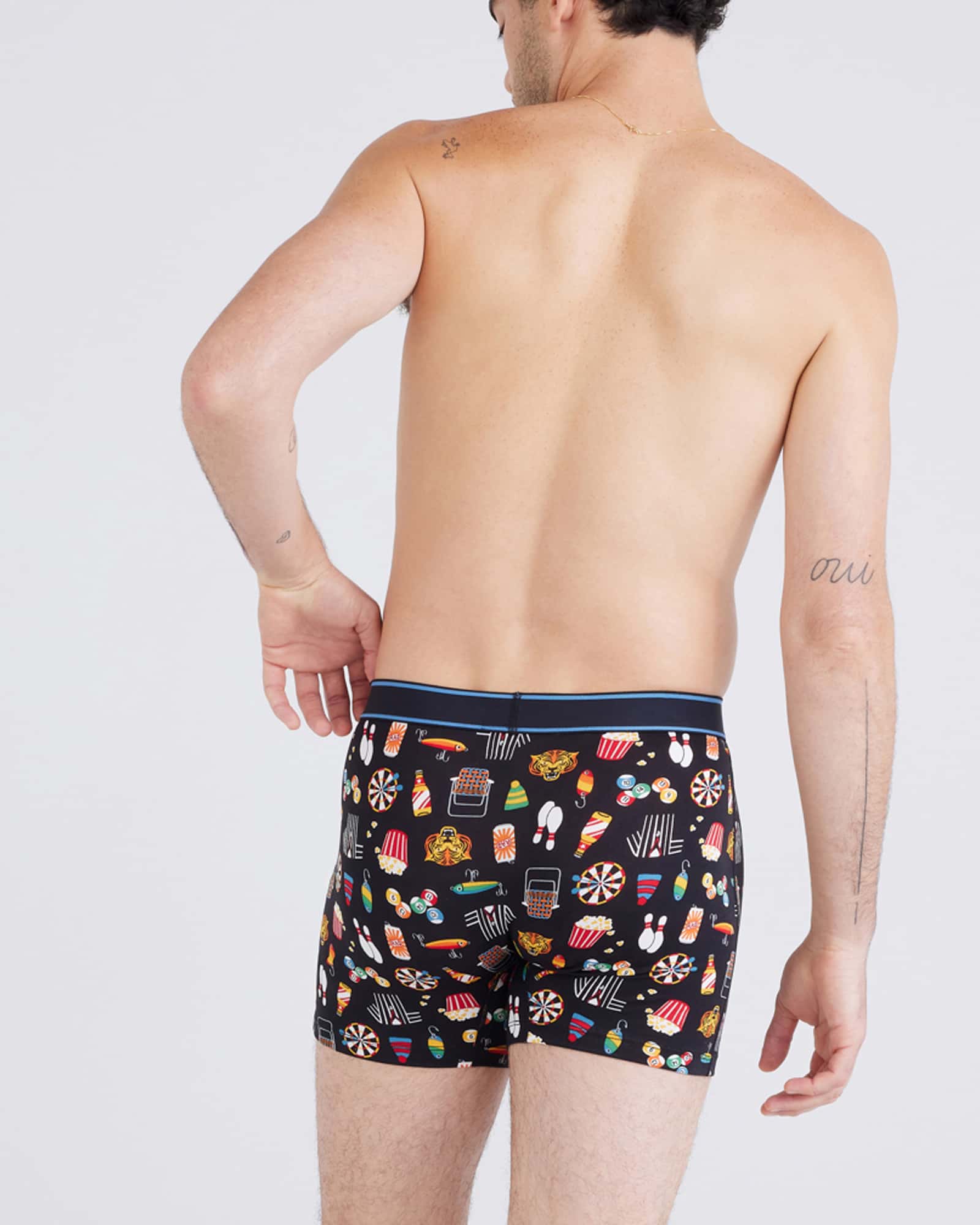 Back - Model wearing Daytripper Boxer Brief Fly in Types Of Stripes-Black