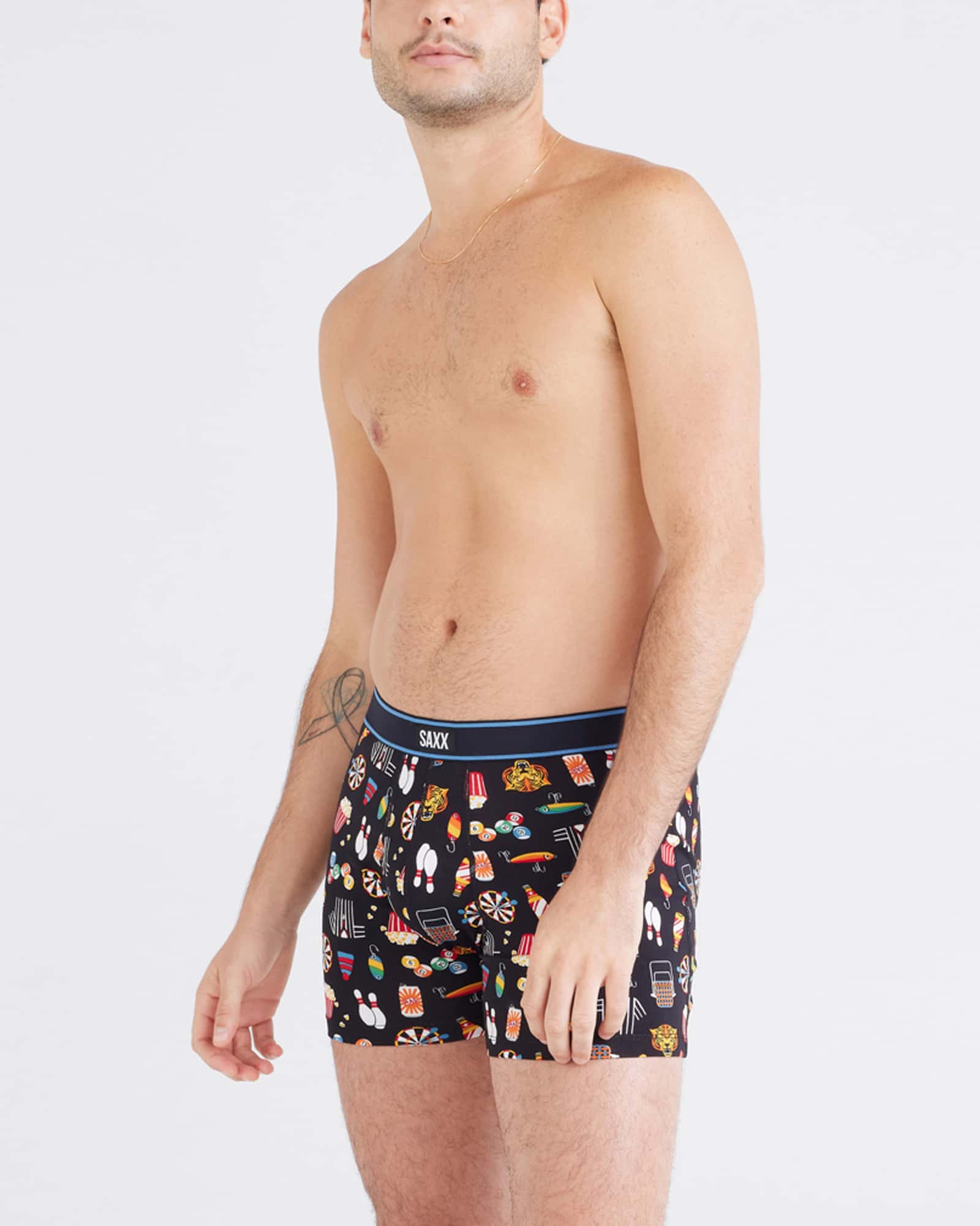 Front - Model wearing Daytripper Boxer Brief Fly in Types Of Stripes-Black