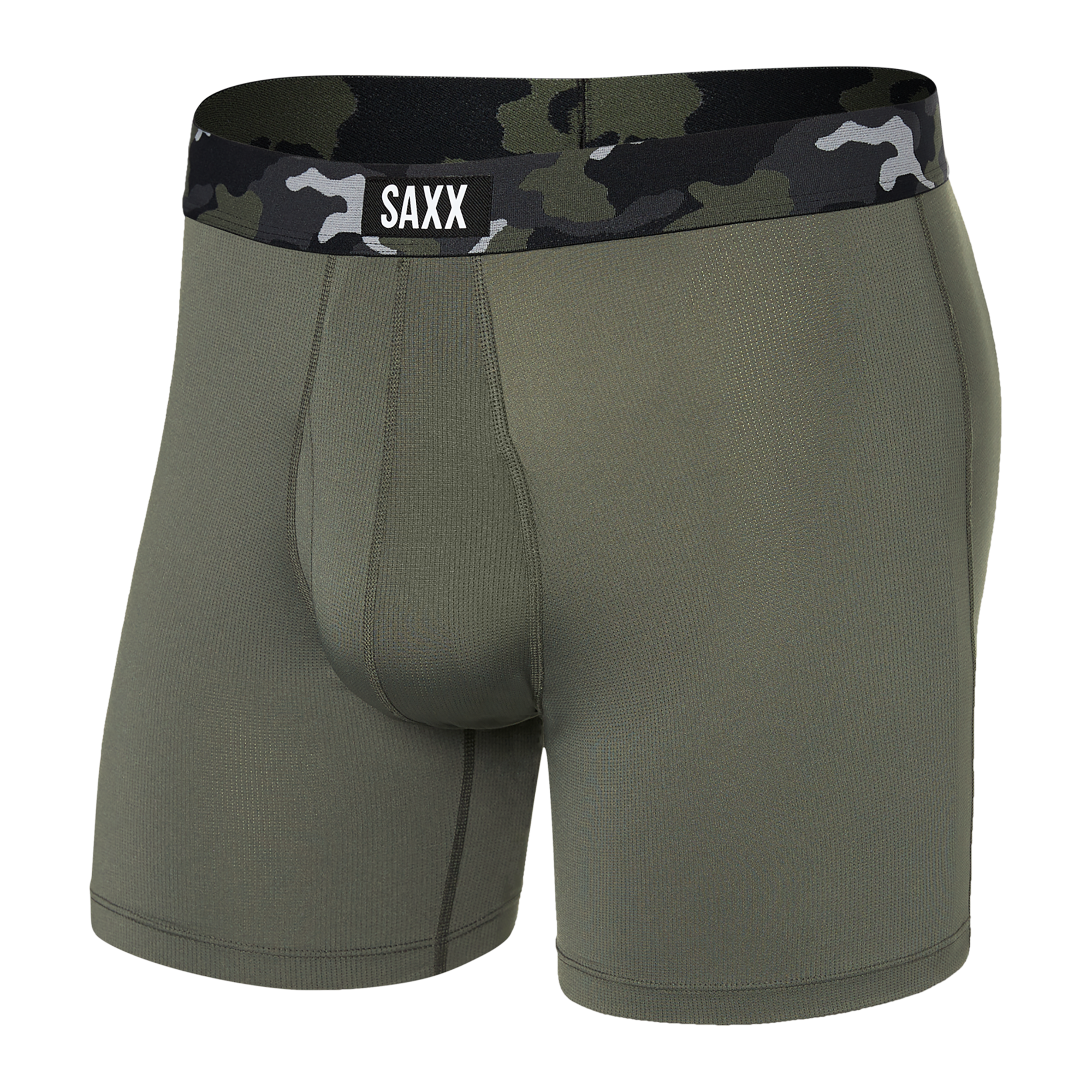 Front of Sport Mesh Boxer Brief Fly in Dusty Olive/Camo Waistband