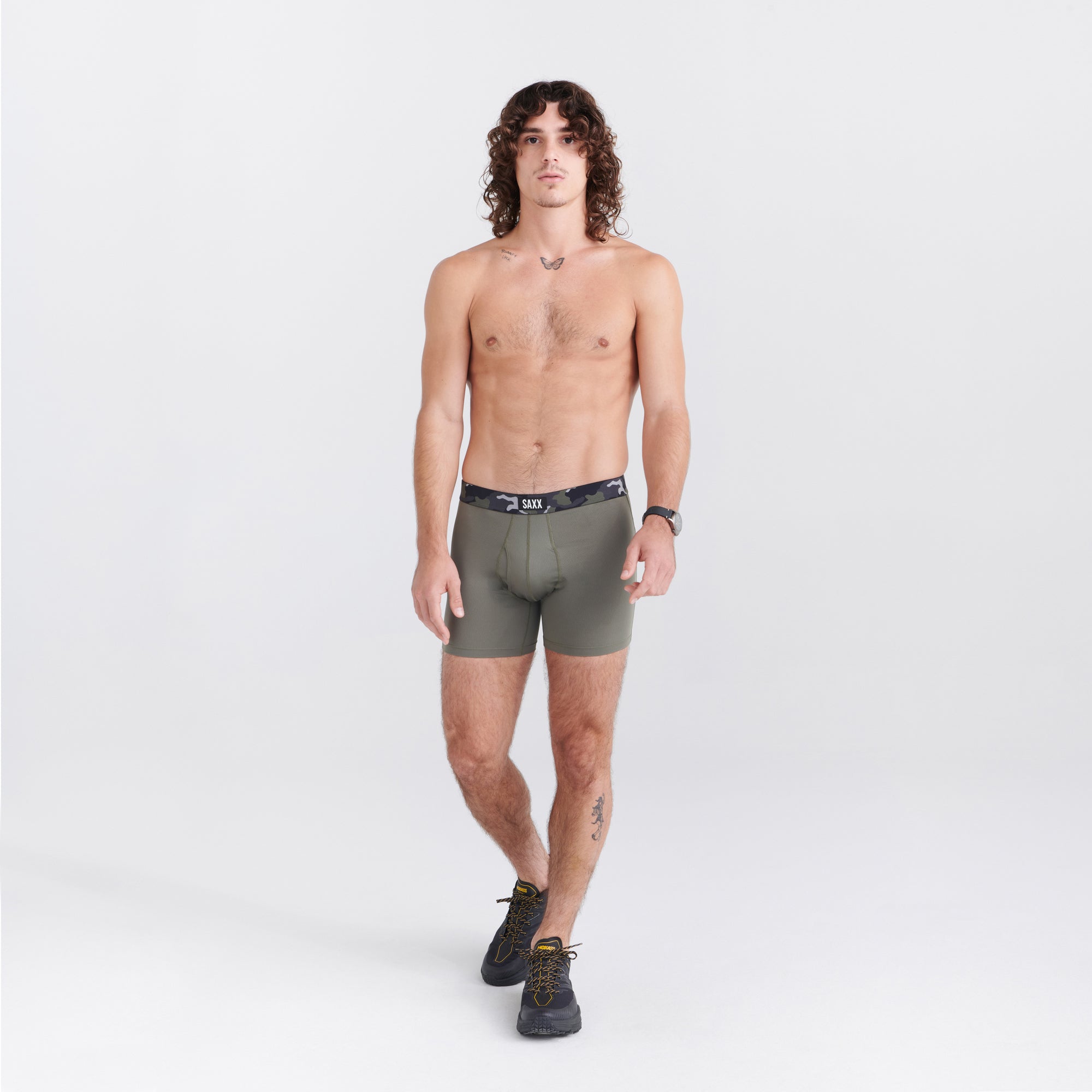 Front - Model wearing Sport Mesh Boxer Brief Fly in Dusty Olive/Camo Waistband
