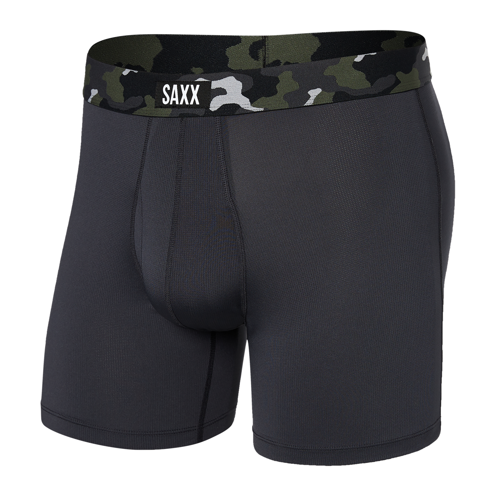 Front of Sport Mesh Boxer Brief Fly in Faded Black/Camo Waistband