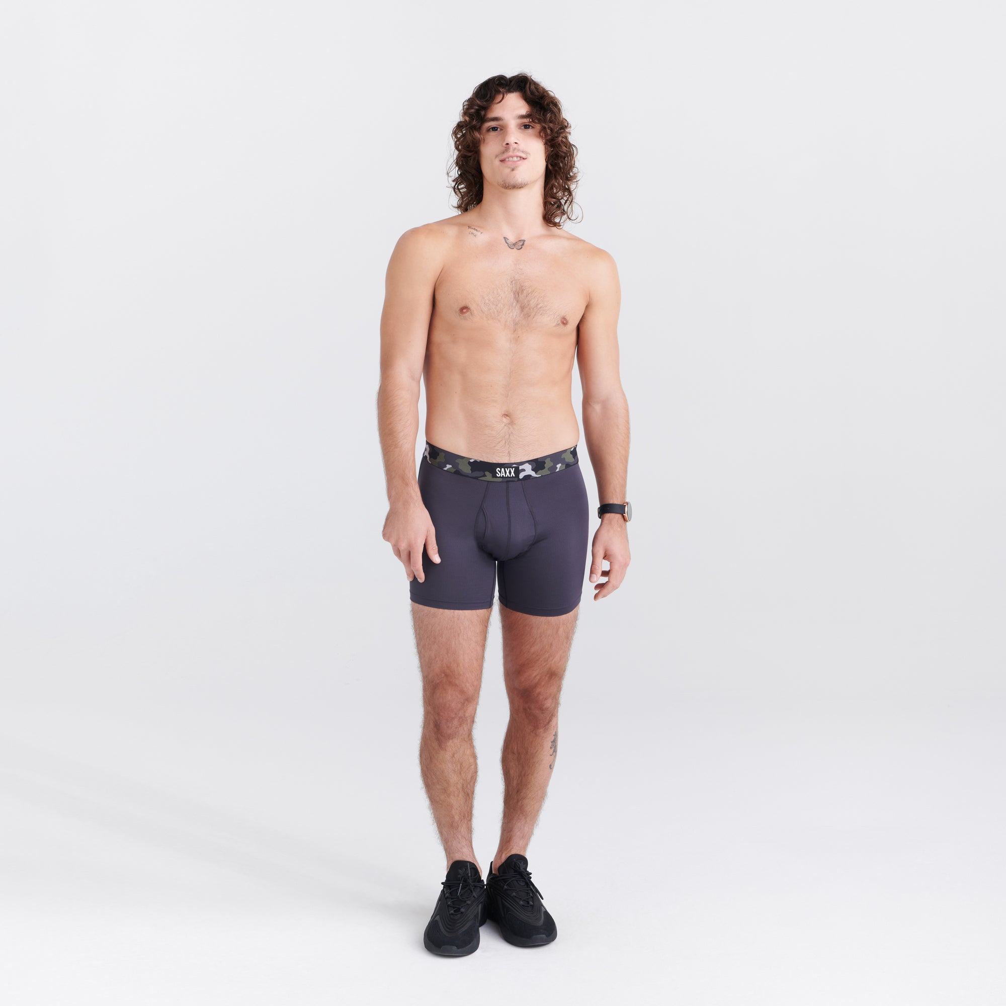 Front - Model wearing Sport Mesh Boxer Brief Fly in Faded Black/Camo Waistband