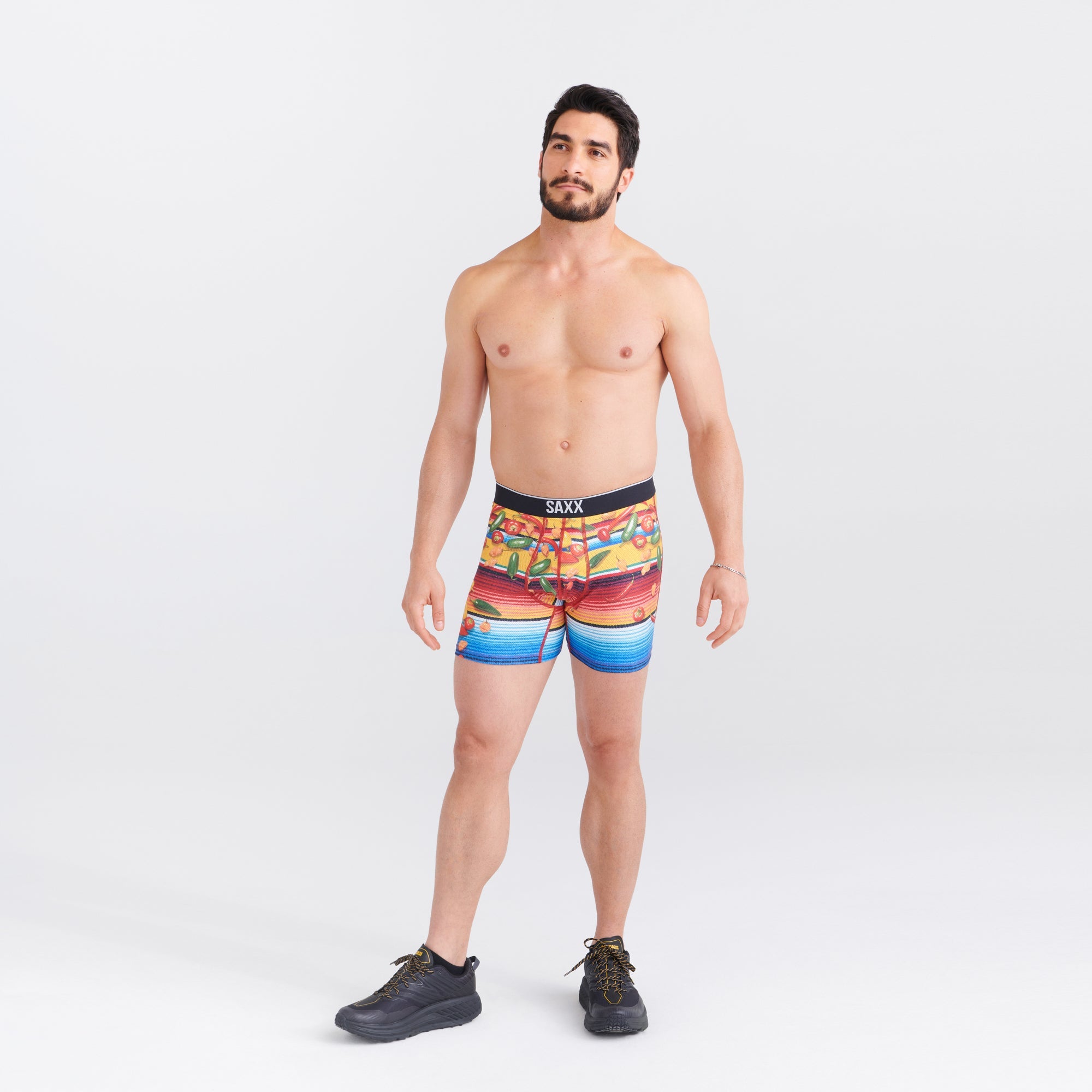 Front - Model wearing Volt Breathable Mesh Boxer Brief in Hey Hot Stuff- Multi