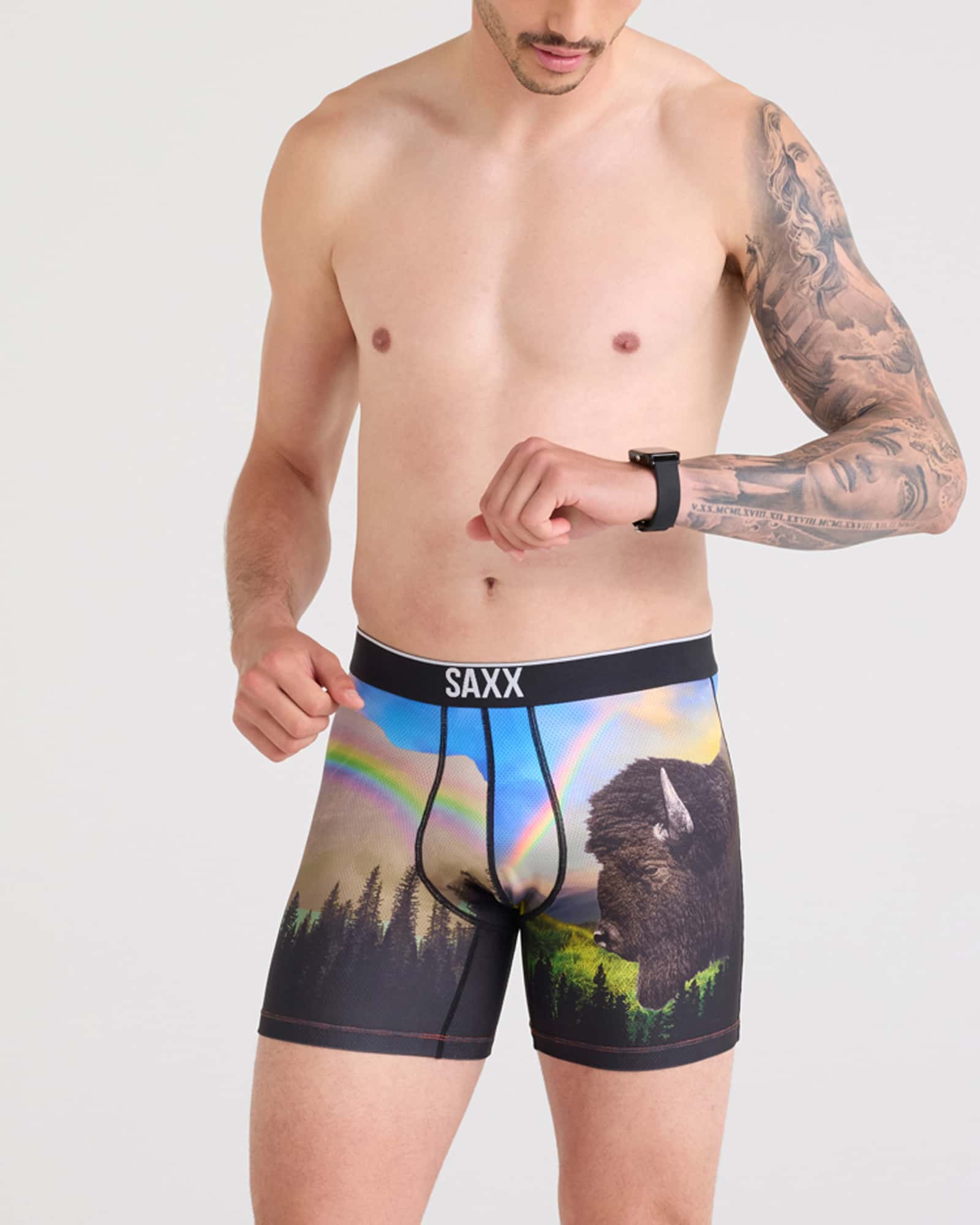 Front - Model wearing Volt Breathable Mesh Boxer Brief in Olympic Scale-Multi