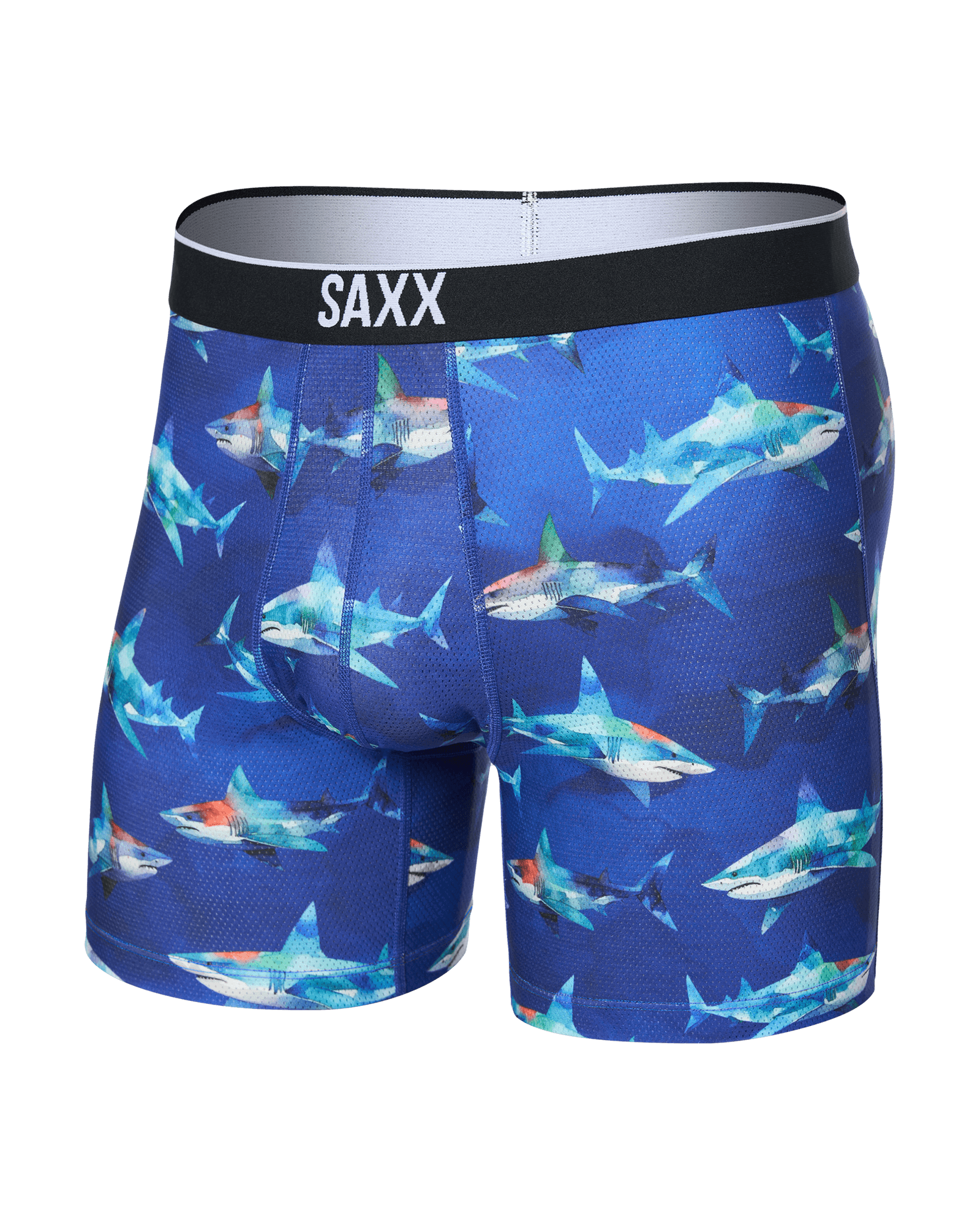 Front of Volt Breathable Mesh Boxer Brief in Shattered Sharks-Blue