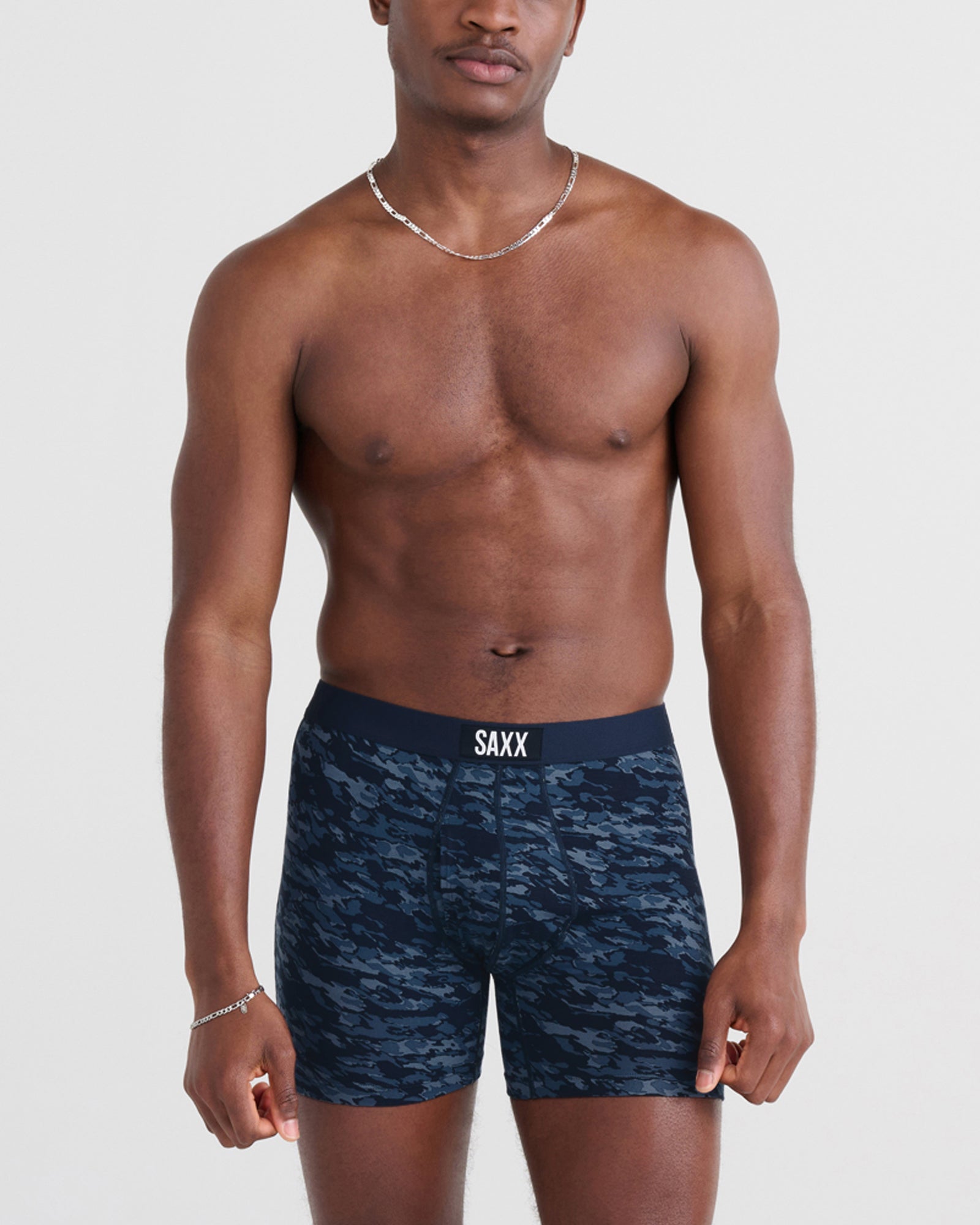 Front - Model wearing Ultra Super Soft Boxer Brief Fly in Basin Camo- Navy