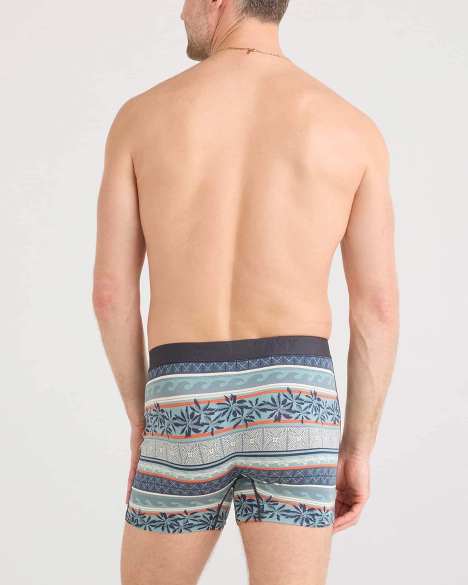 Back - Model wearing Ultra Super Soft Boxer Brief Fly in Beach Shack Stripe-Teal