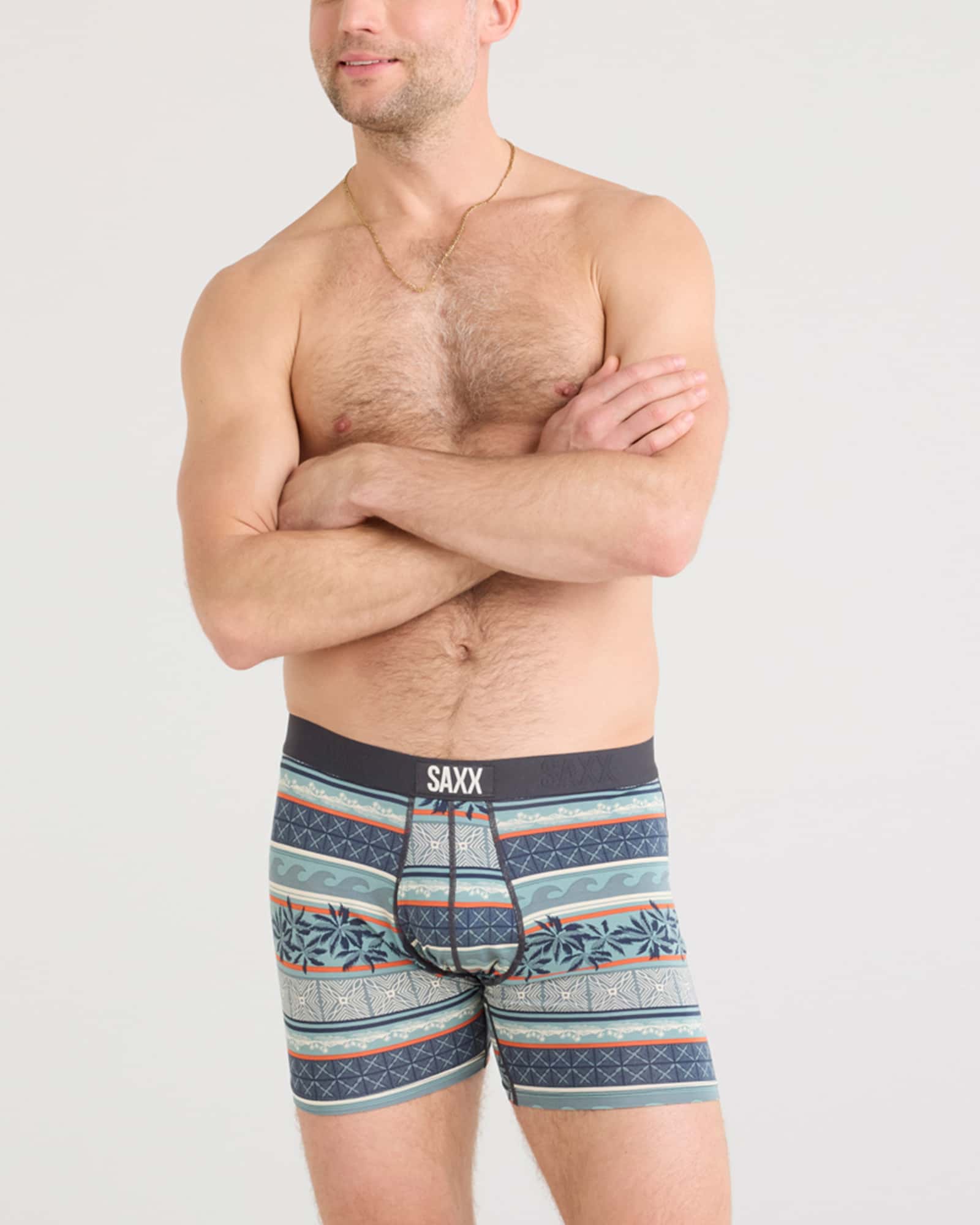 Front - Model wearing Ultra Super Soft Boxer Brief Fly in Beach Shack Stripe-Teal