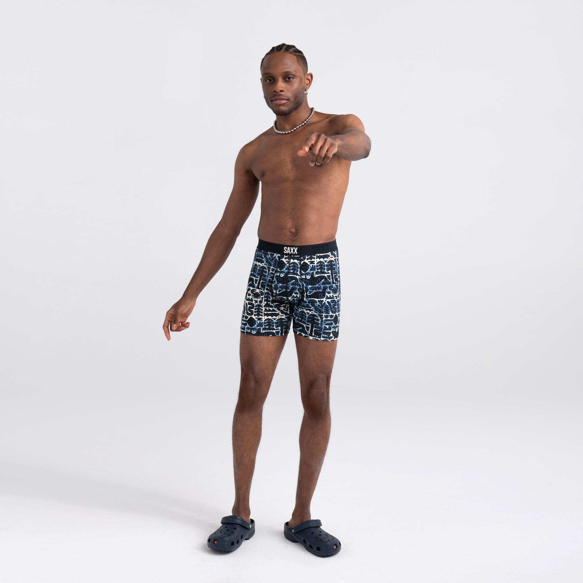 Front - Model wearing Ultra Super Soft Boxer Brief in Coast Life- Navy