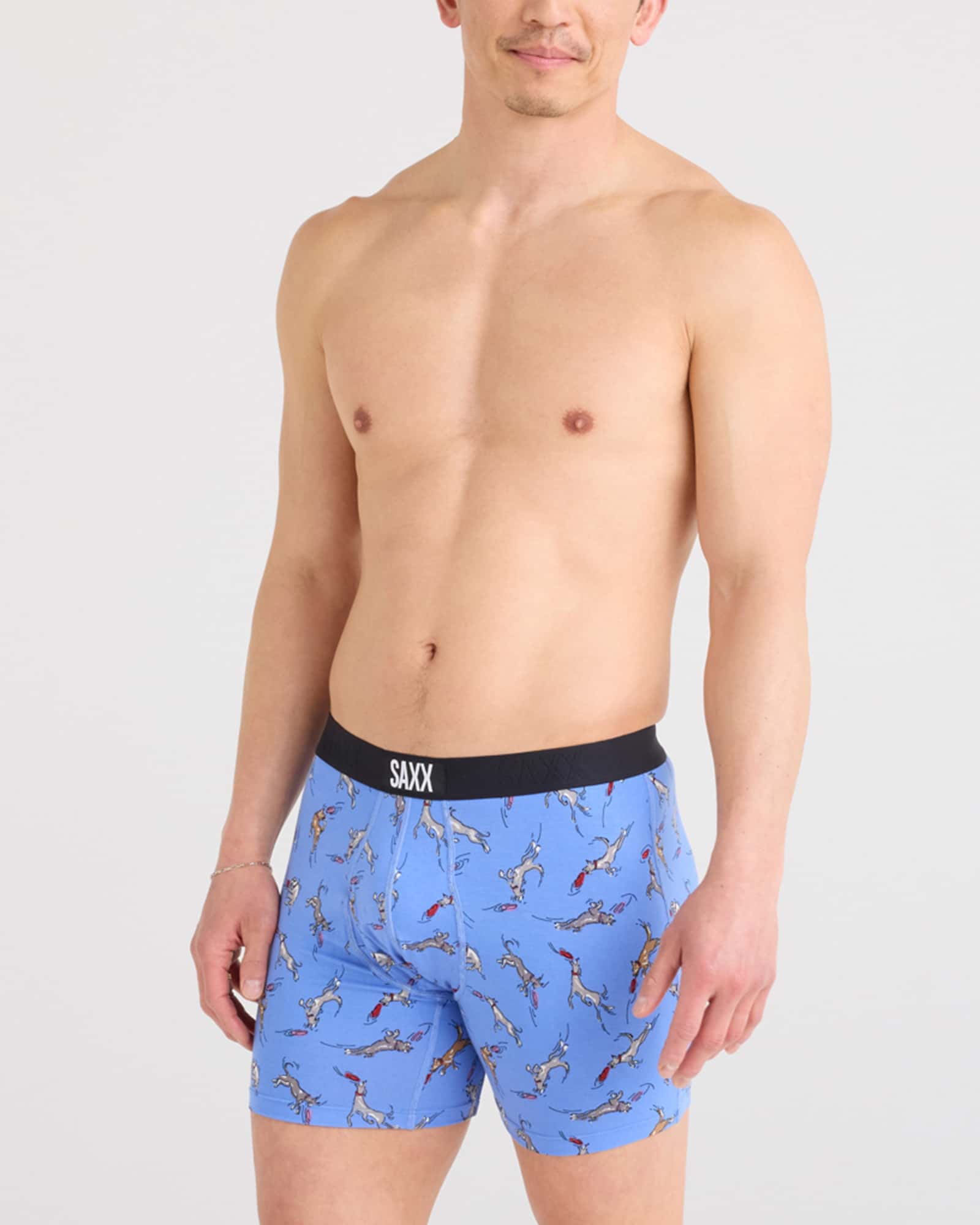 Front - Model wearing Ultra Super Soft Boxer Brief Fly in Disc Dogs-Sail Blue