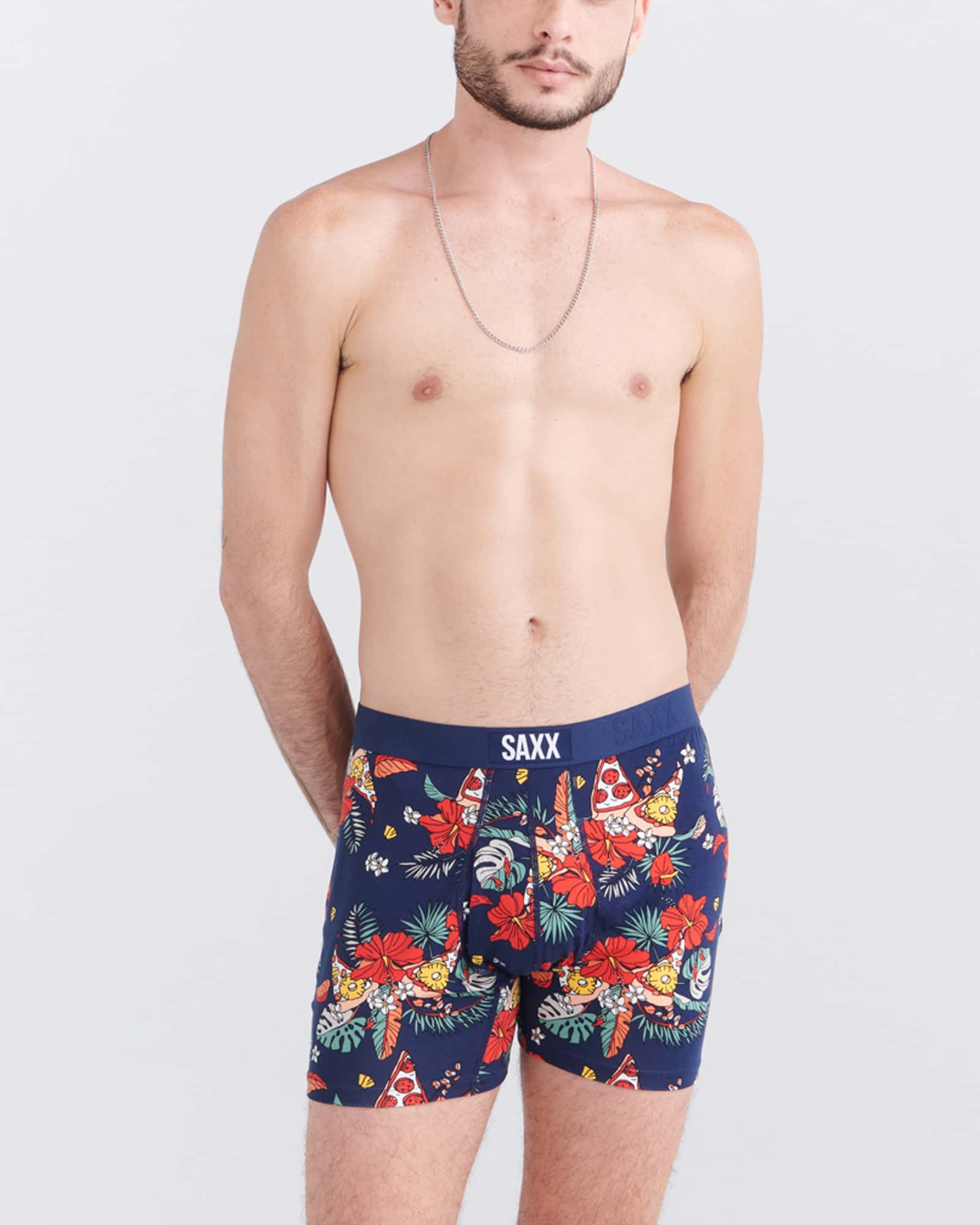 Front - Model wearing Ultra Super Soft Boxer Brief Fly in Hawaiian Pizza- Navy