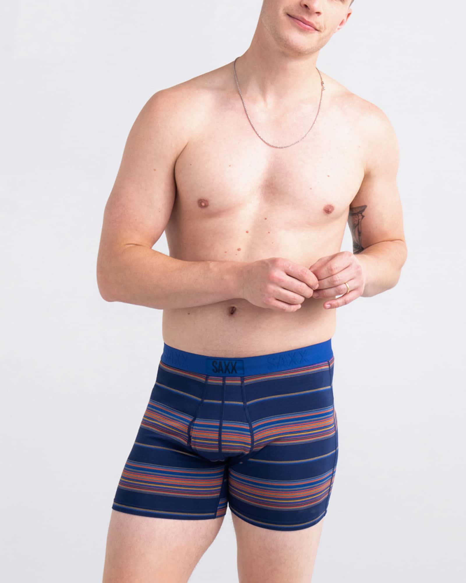 Front - Model wearing Ultra Super Soft Boxer Brief Fly in Horizon Stripe- Navy