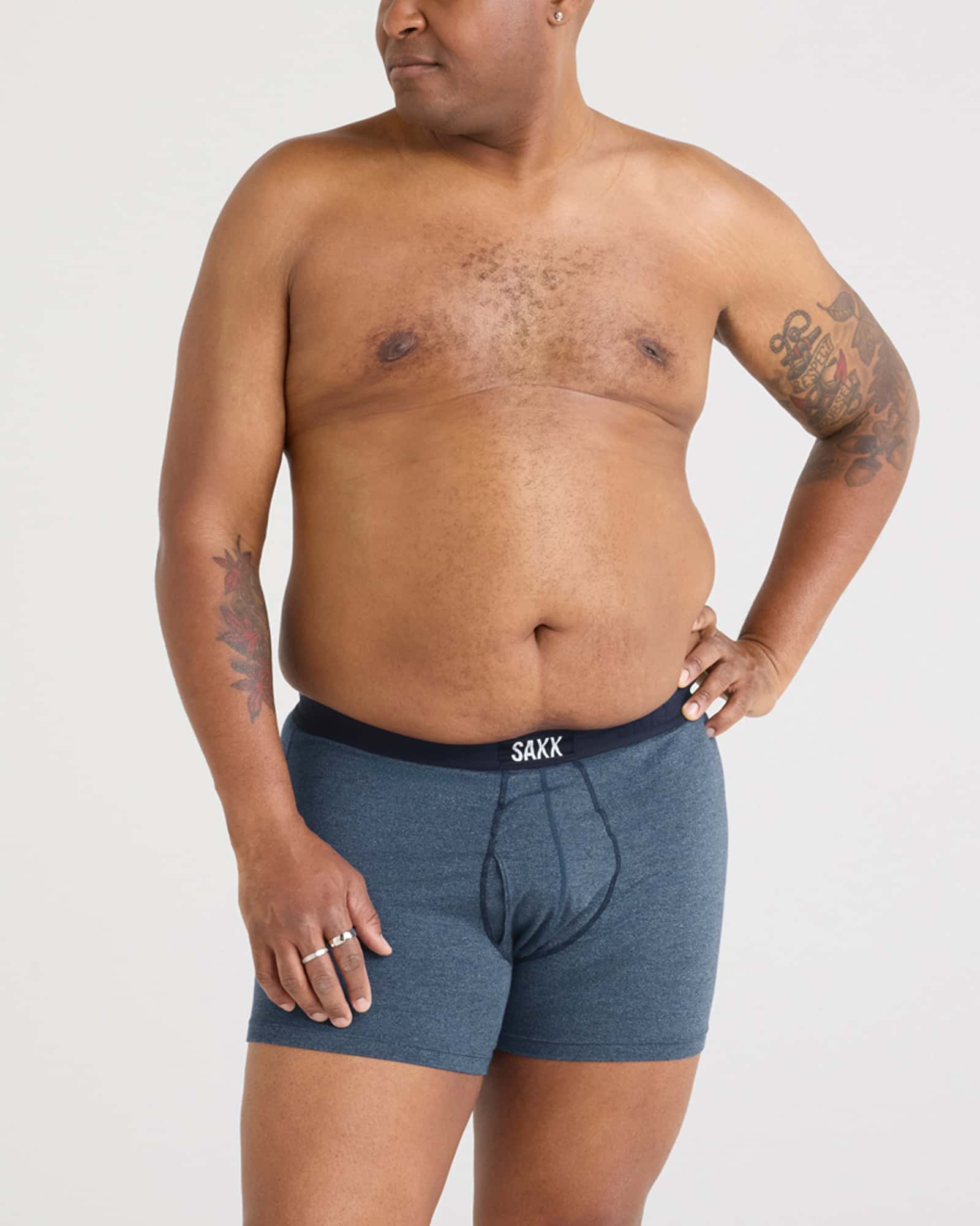 Front - Model wearing Ultra Super Soft Boxer Brief Fly in Indigo