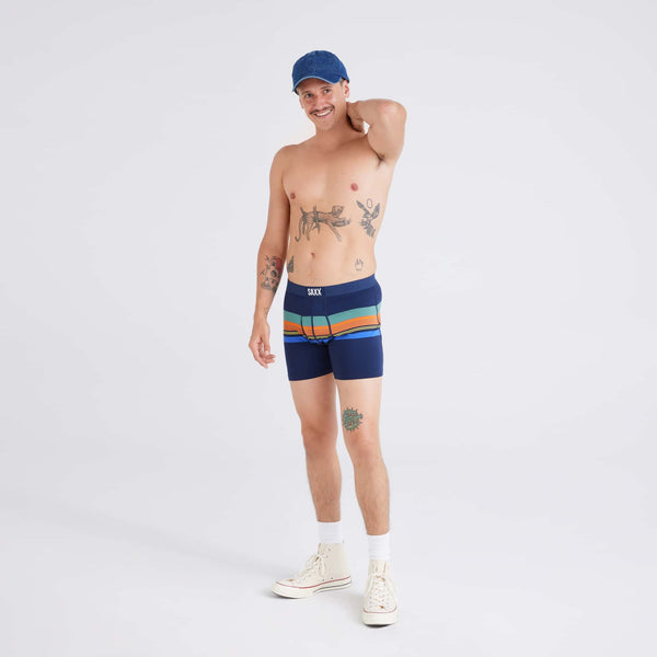 Front - Model wearing  Ultra Super Soft Boxer Brief in League Stripe-Navy