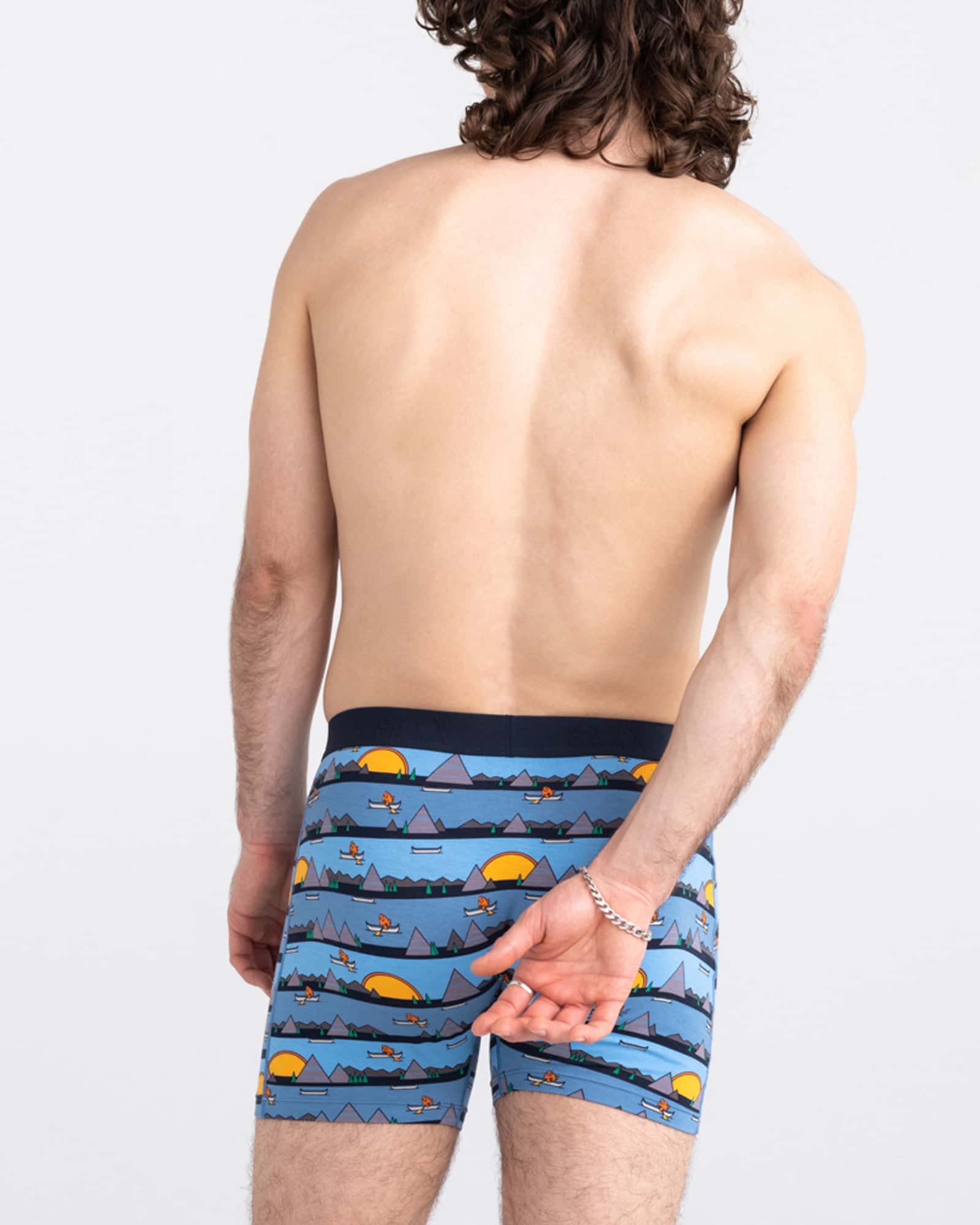 Back - Model wearing Ultra Super Soft Boxer Brief Fly in Lazy River- Blue