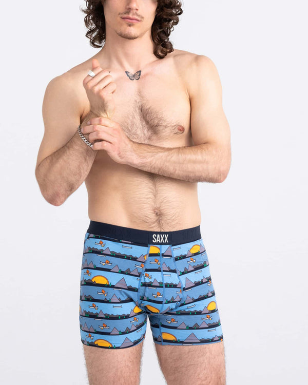 Front - Model wearing Ultra Super Soft Boxer Brief Fly in Lazy River- Blue