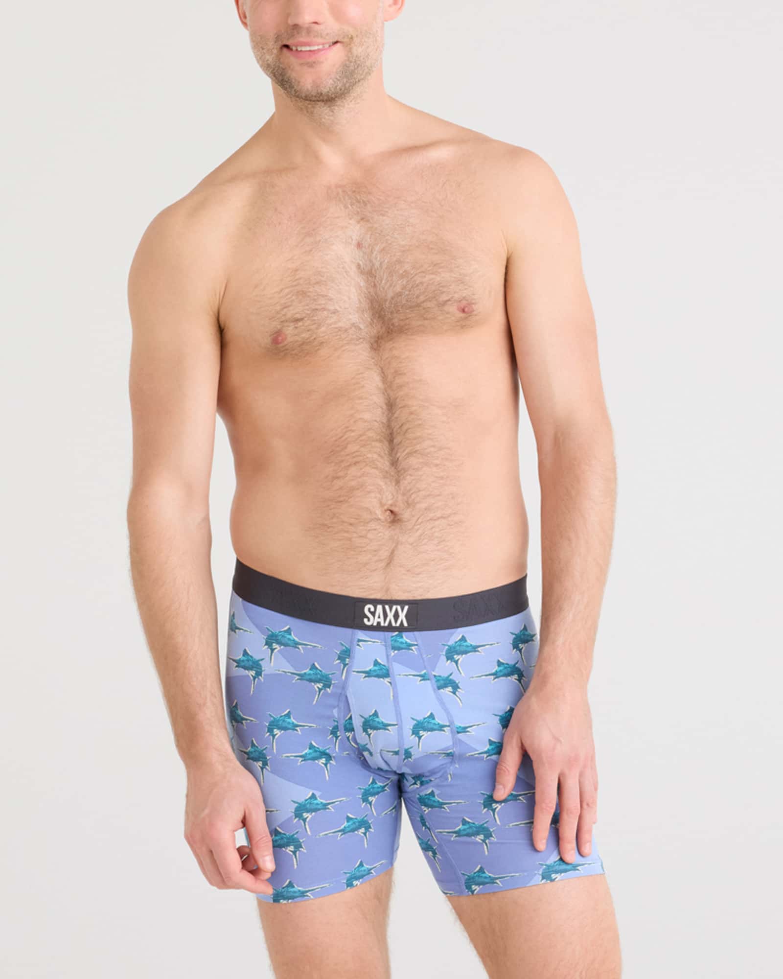 Front - Model wearing Ultra Super Soft Boxer Brief Fly in Man In The Blue Suit-Blue