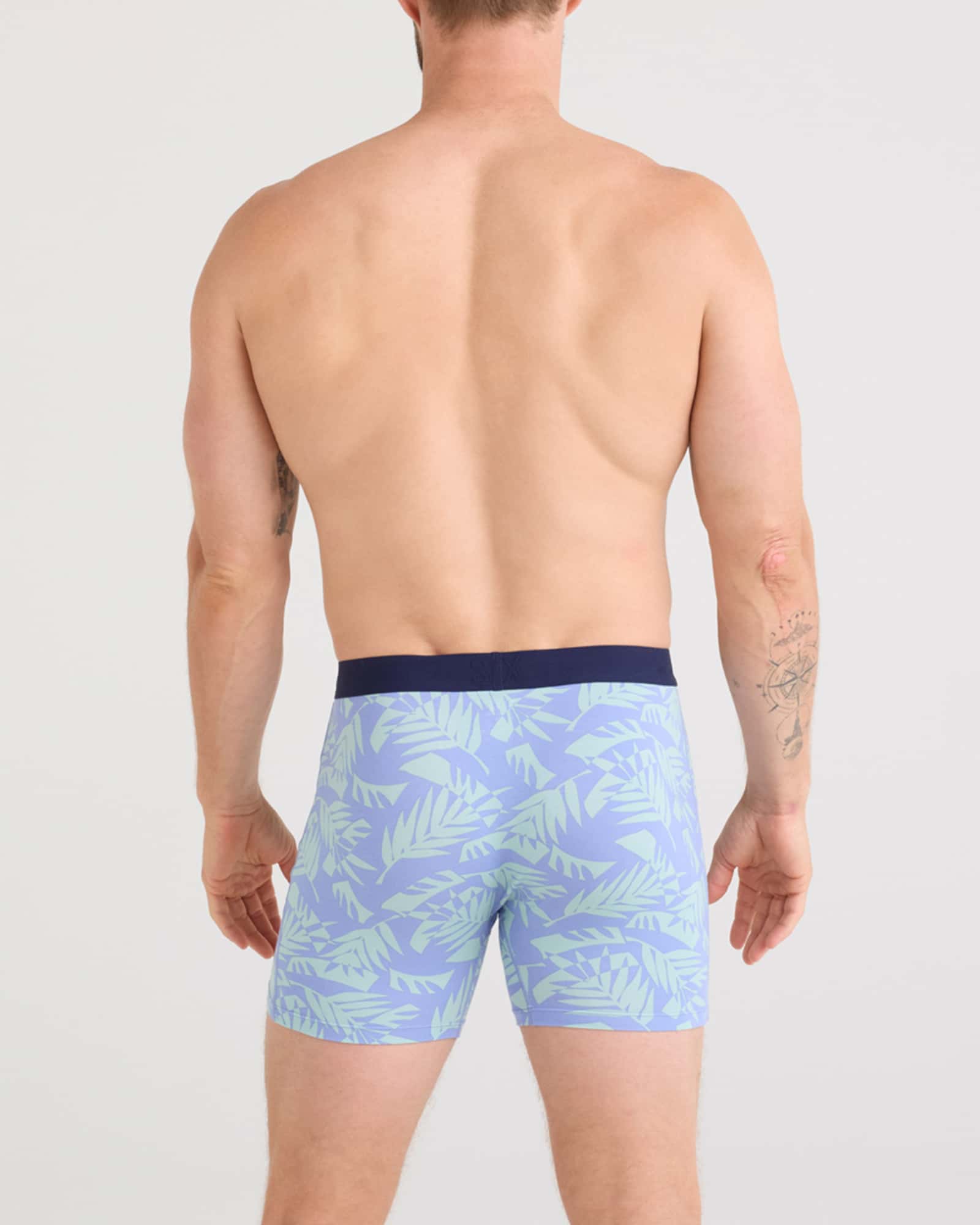 Back - Model wearing Ultra Super Soft Boxer Brief Fly 2 Pack in Palm Frond/Maritime