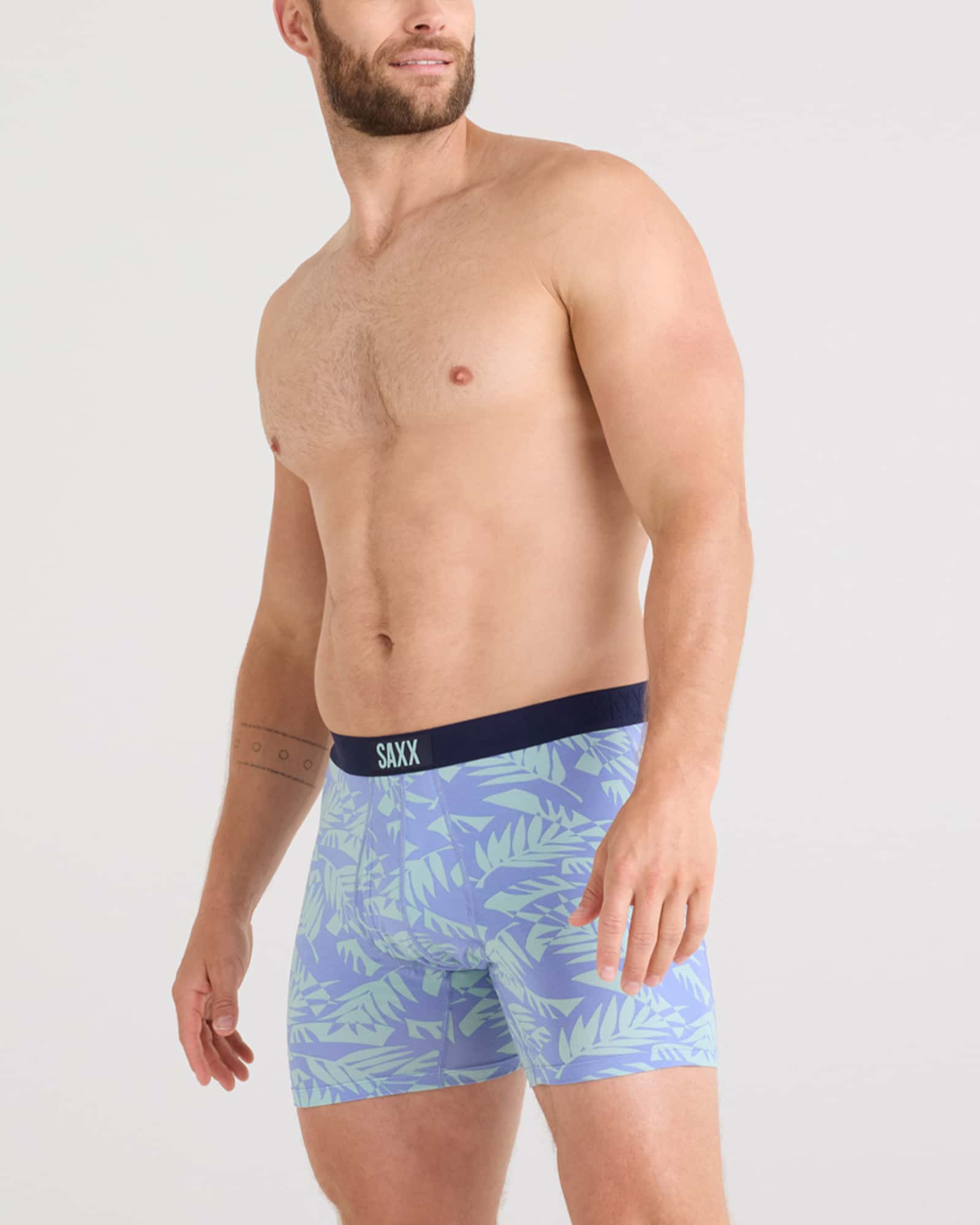 Front - Model wearing Ultra Super Soft Boxer Brief Fly 2 Pack in Palm Frond/Maritime