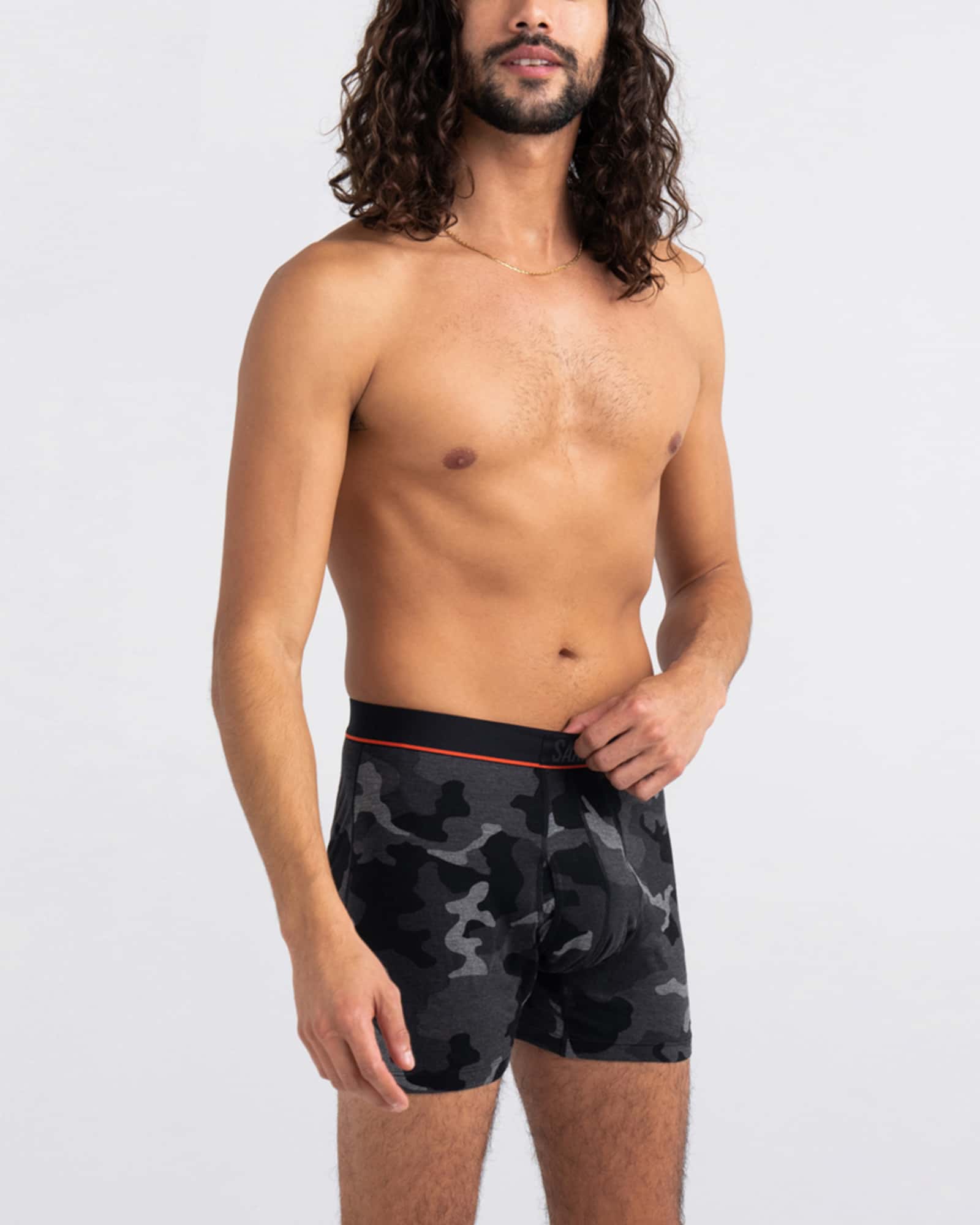 Front - Model wearing Ultra Super Soft Boxer Brief Fly in Supersize Camo- Black