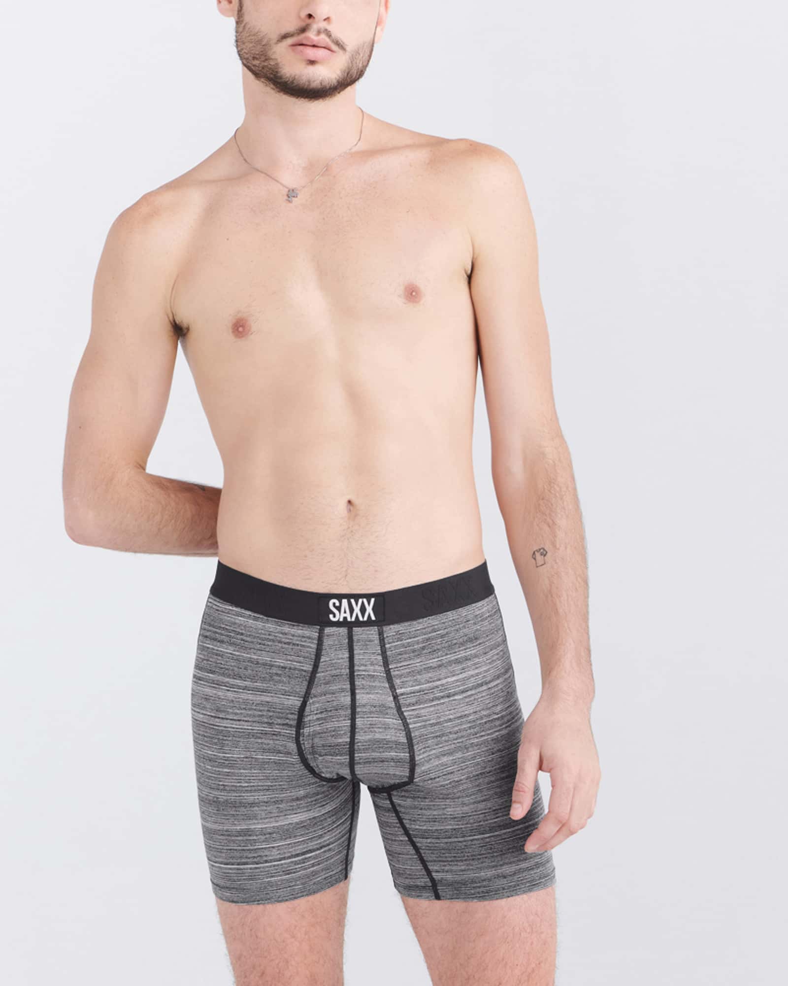 Front - Model wearing Ultra Super Soft Boxer Brief Fly in Spacedye Heather- Grey