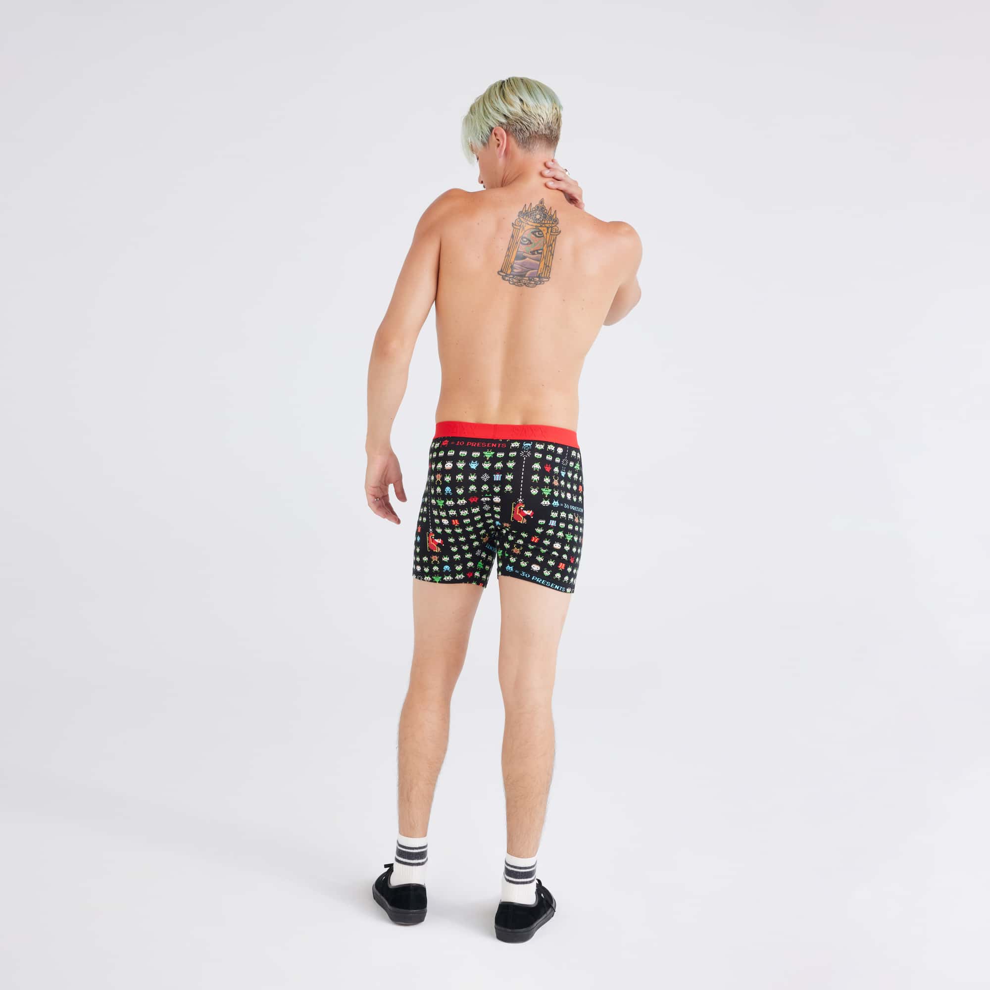 Back - Model wearing Ultra Super Soft (3 Pack) Boxer Brief in Sleigh Invaders/Cherry/Black