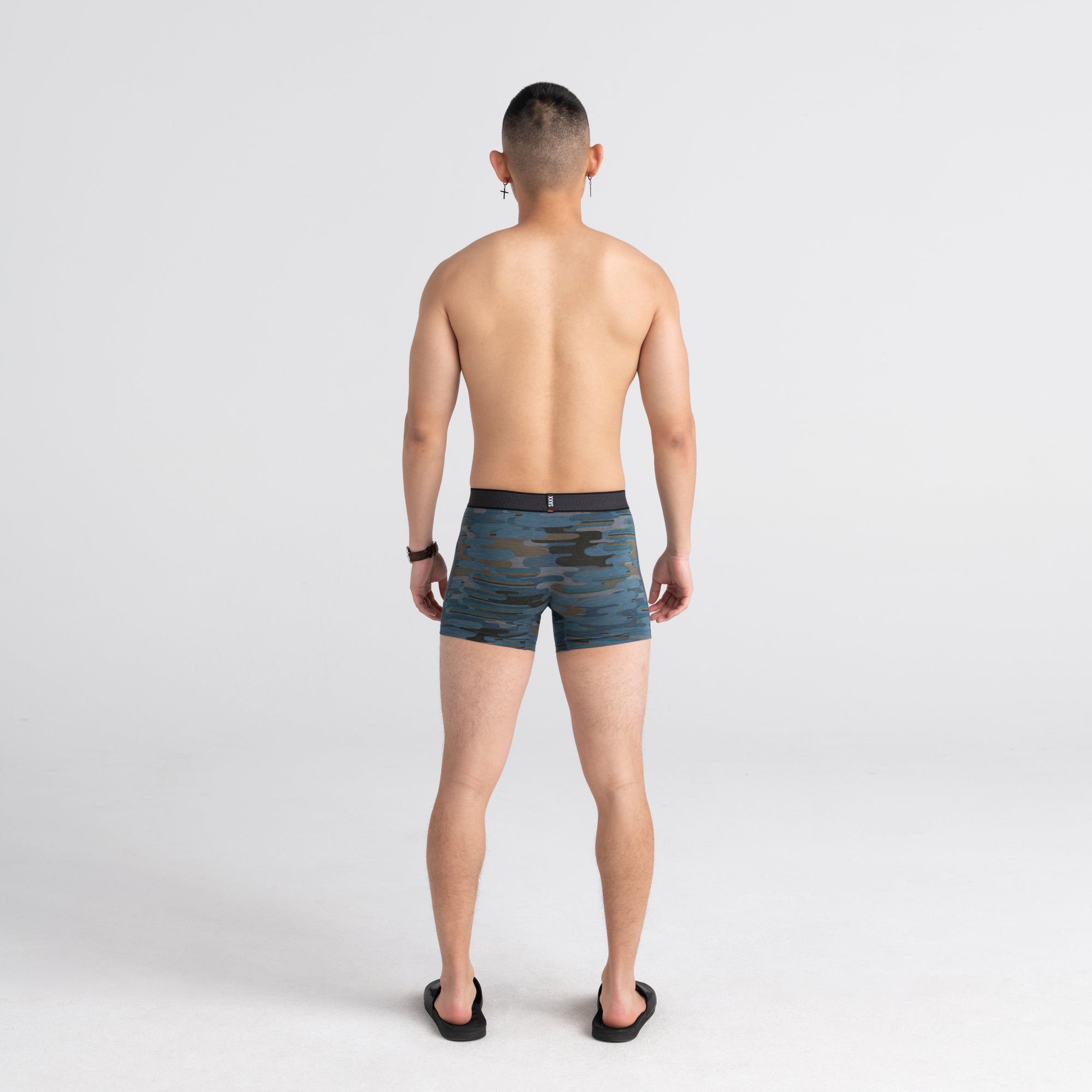 Back - Model wearing Viewfinder Baselayer Boxer Brief Fly in Blue Up in Smoke Camo